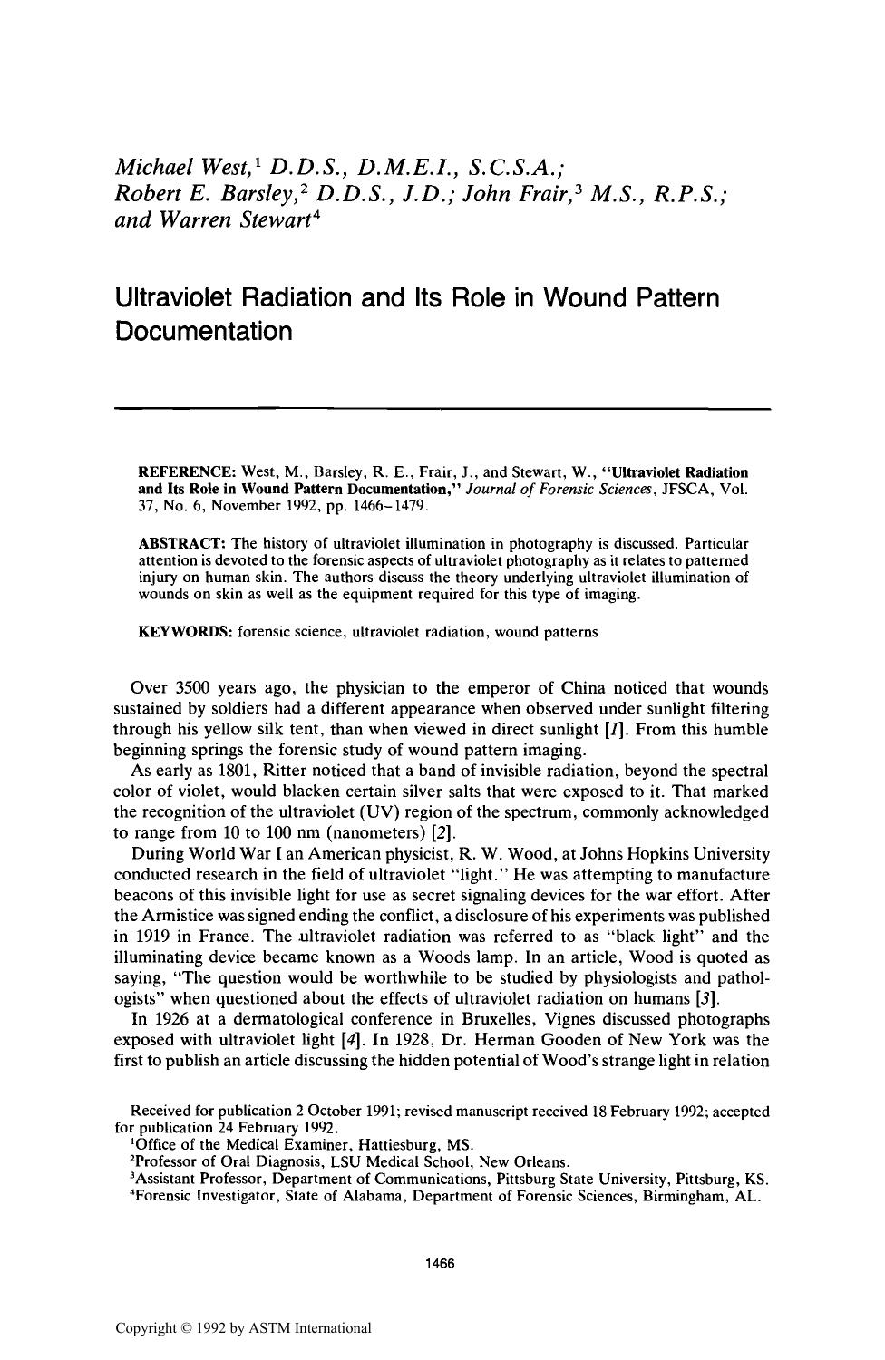 Ultraviolet Radiation and Its Role in Wound Pattern Documentation by West M Barsley RE Frair J Stewart W