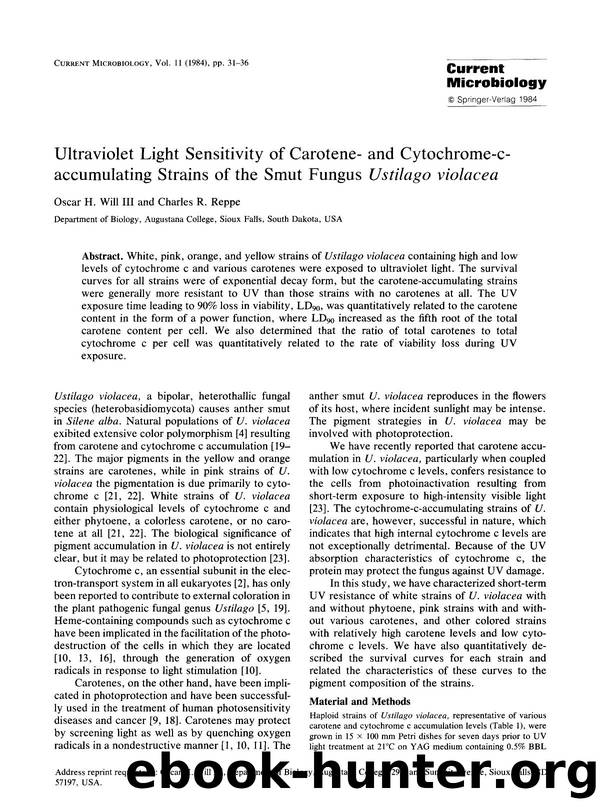 Ultraviolet light sensitivity of carotene-and cytochrome-c-accumulating strains of the smut fungus <Emphasis Type="Italic">Ustilago violacea <Emphasis> by Unknown