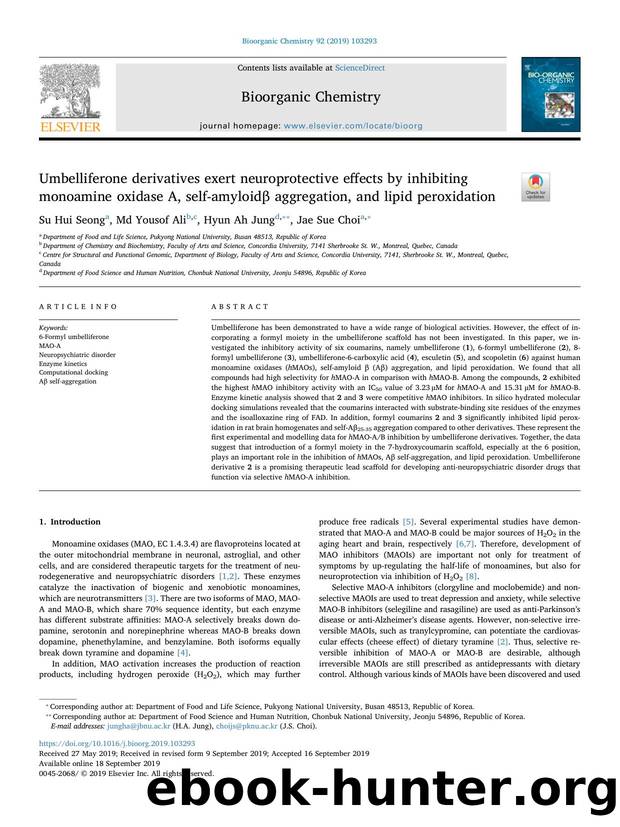 Umbelliferone derivatives exert neuroprotective effects by inhibiting monoamine oxidase A, self-amyloidÎ² aggregation, and lipid peroxidation by Su Hui Seong & Md Yousof Ali & Hyun Ah Jung & Jae Sue Choi
