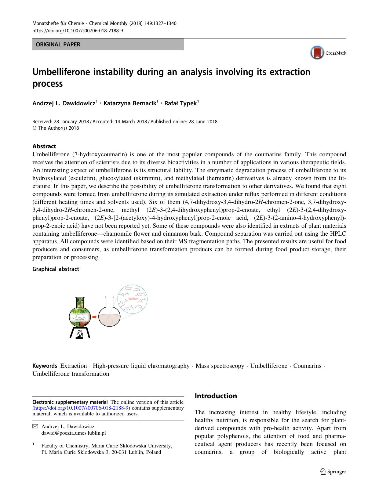 Umbelliferone instability during an analysis involving its extraction process by Andrzej L. Dawidowicz & Katarzyna Bernacik & Rafał Typek