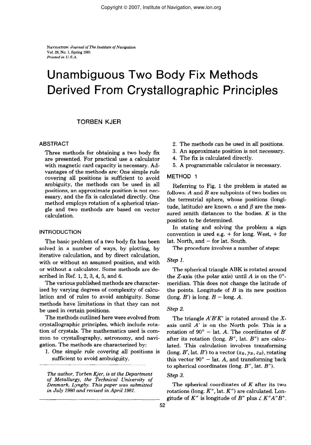 Unambiguous Two Body Fix Methods Derived From Crystallographic Principles by TORBEN KJER