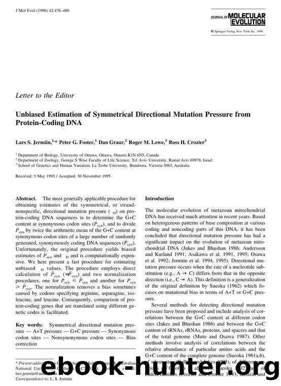Unbiased Estimation of Symmetrical Directional Mutation Pressure from Protein-Coding DNA by Jermiin L. et al