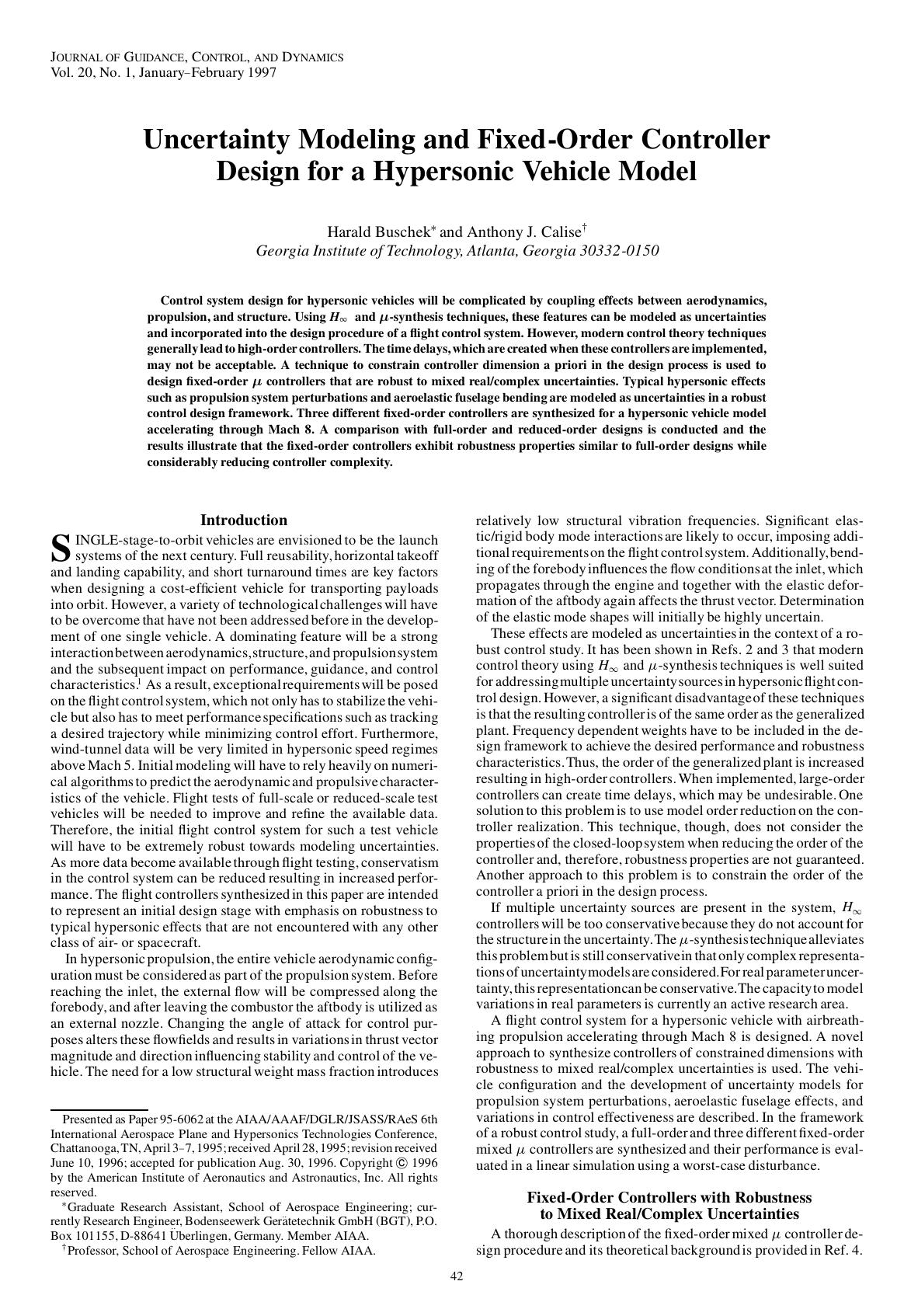 Uncertainty Modeling and Fixed-Order Controller Design for a Hypersonic Vehicle Model by Unknown