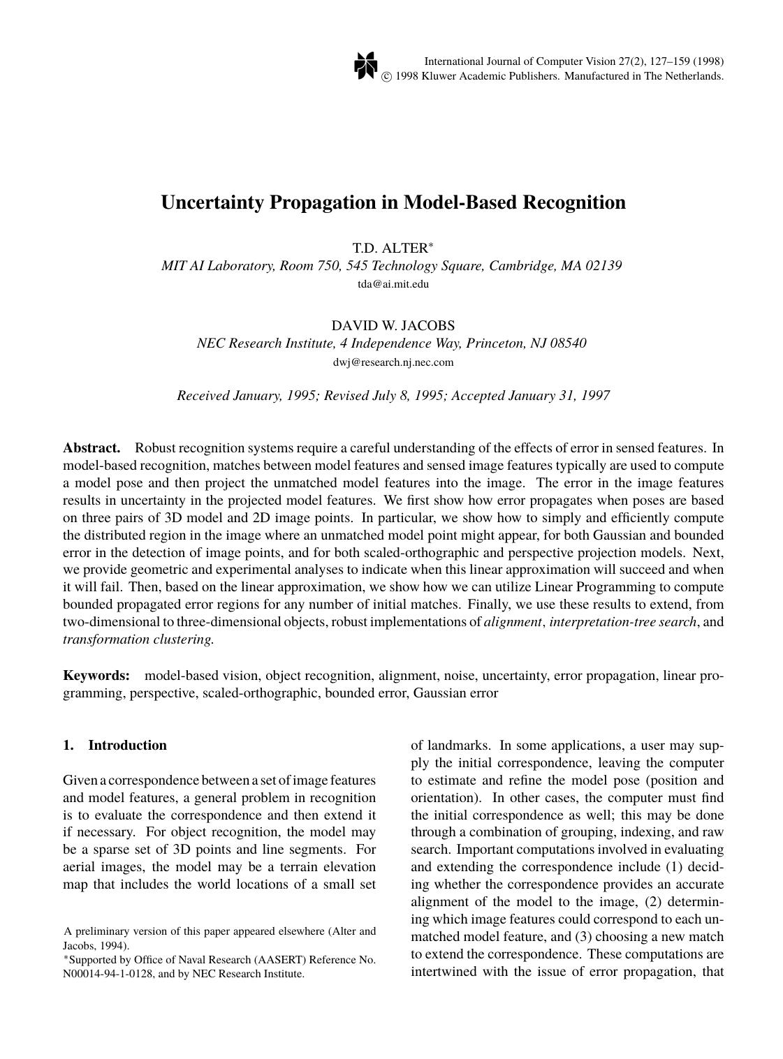 Uncertainty Propagation in Model-Based Recognition by Uncertainty Propagation in Model-Based Recognition