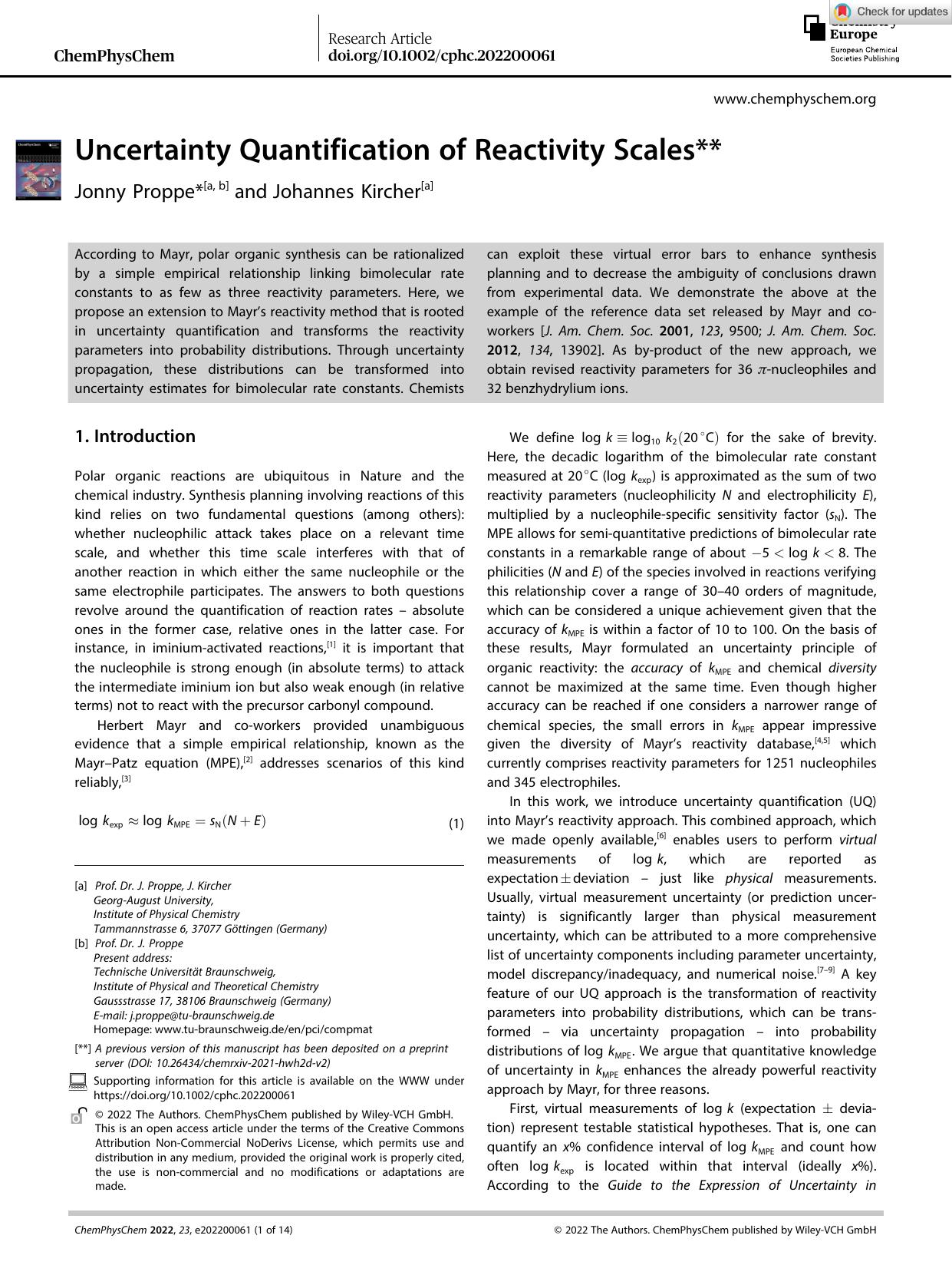 Uncertainty Quantification of Reactivity Scales** by Unknown