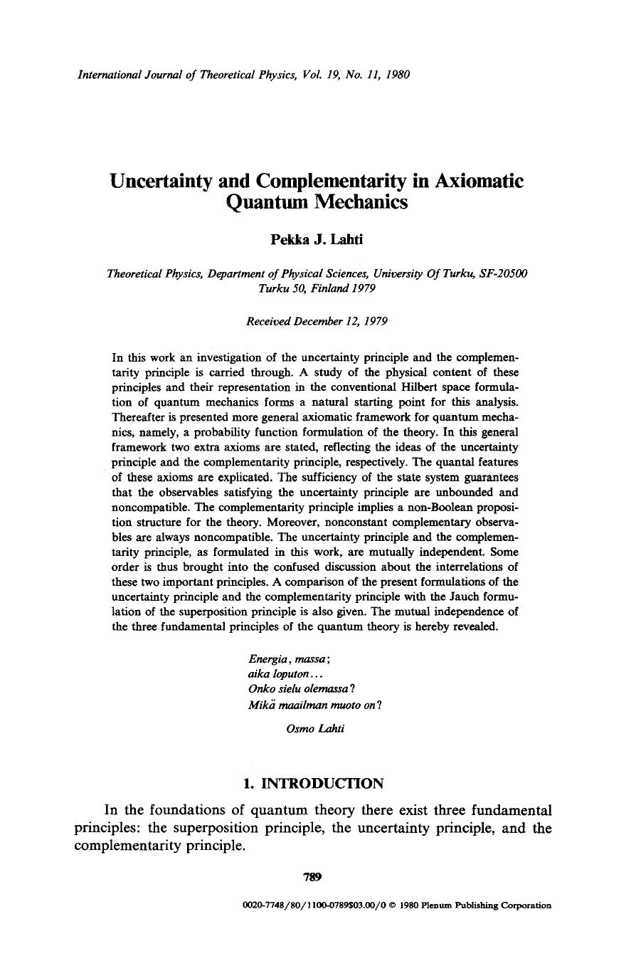 Uncertainty and complementarity in axiomatic quantum mechanics by Unknown