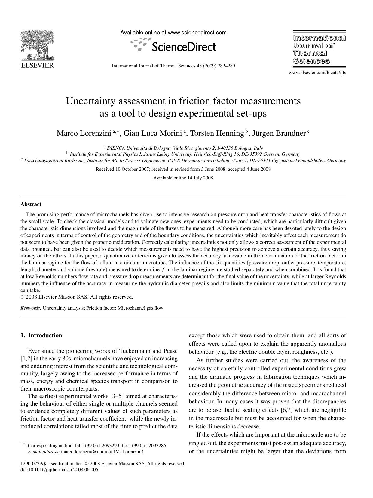Uncertainty assessment in friction factor measurements as a tool to design experimental set-ups by Marco Lorenzini; Gian Luca Morini; Torsten Henning; Jürgen Brandner