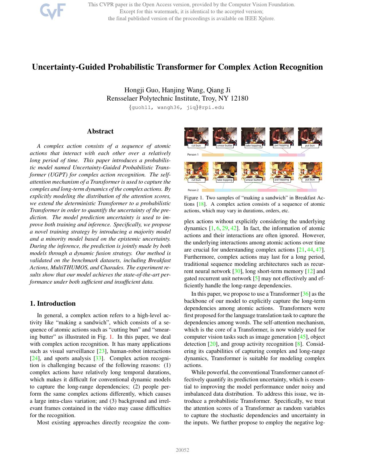Uncertainty-Guided Probabilistic Transformer for Complex Action Recognition by Hongji Guo & Hanjing Wang & Qiang Ji