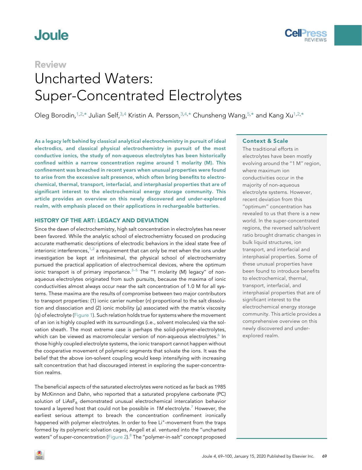 Uncharted Waters: Super-Concentrated Electrolytes by Oleg Borodin & Julian Self & Kristin A. Persson & Chunsheng Wang & Kang Xu