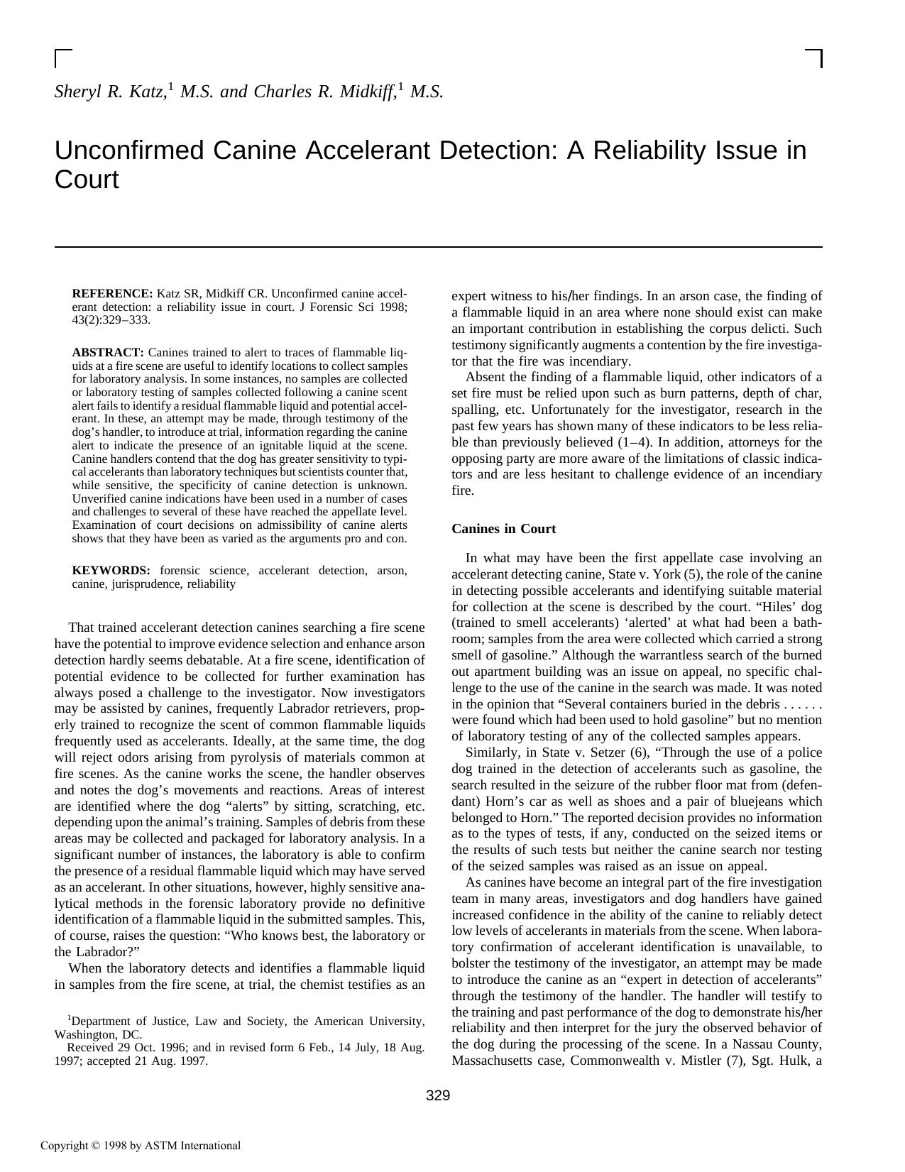 Unconfirmed canine accelerant detection: a reliability issue in court by Katz SR Midkiff CR