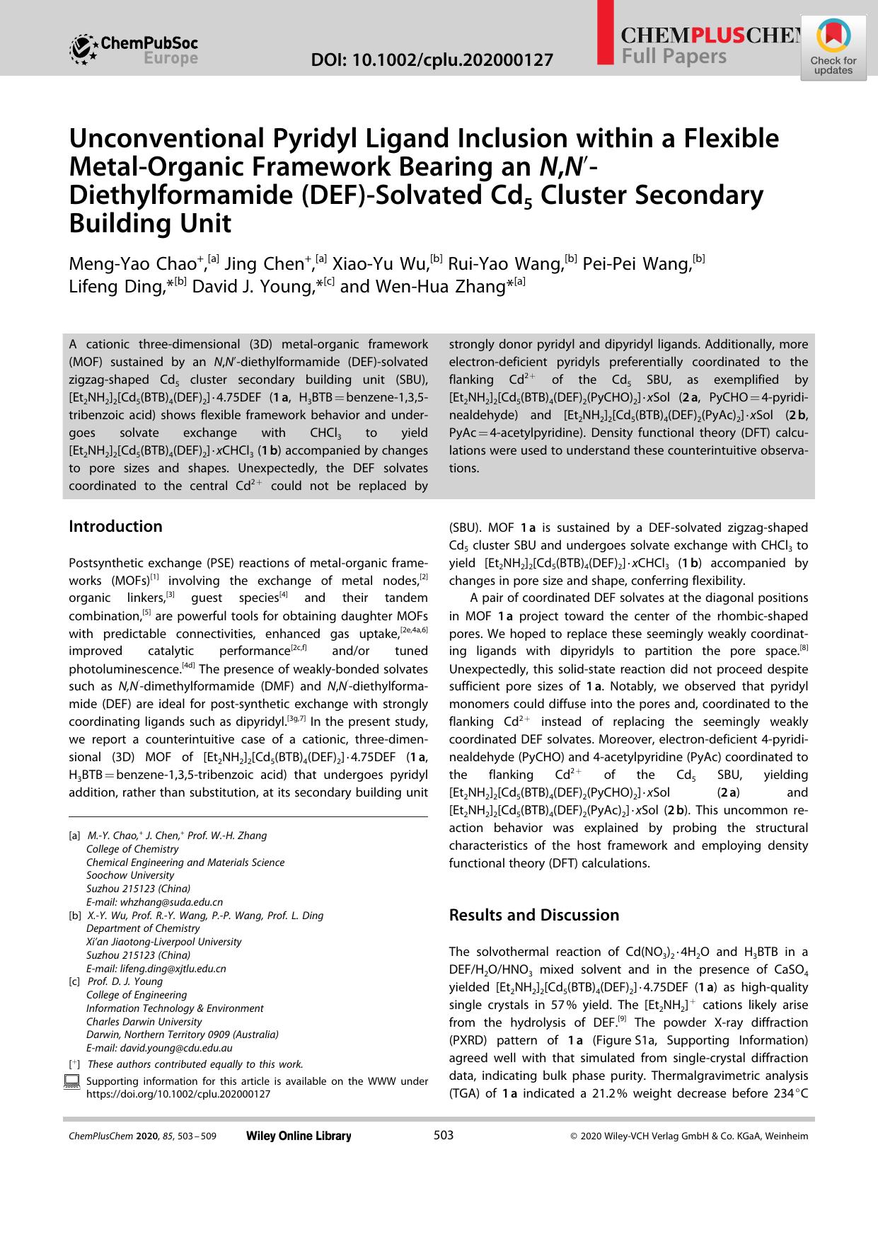 Unconventional Pyridyl Ligand Inclusion within a Flexible MetalâOrganic Framework Bearing an N,Nâ²âDiethylformamide (DEF)âSolvated Cd5 Cluster Secondary Building Unit by Unknown