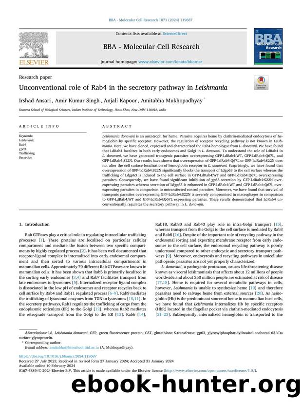 Unconventional role of Rab4 in the secretory pathway in Leishmania by Irshad Ansari & Amir Kumar Singh & Anjali Kapoor & Amitabha Mukhopadhyay