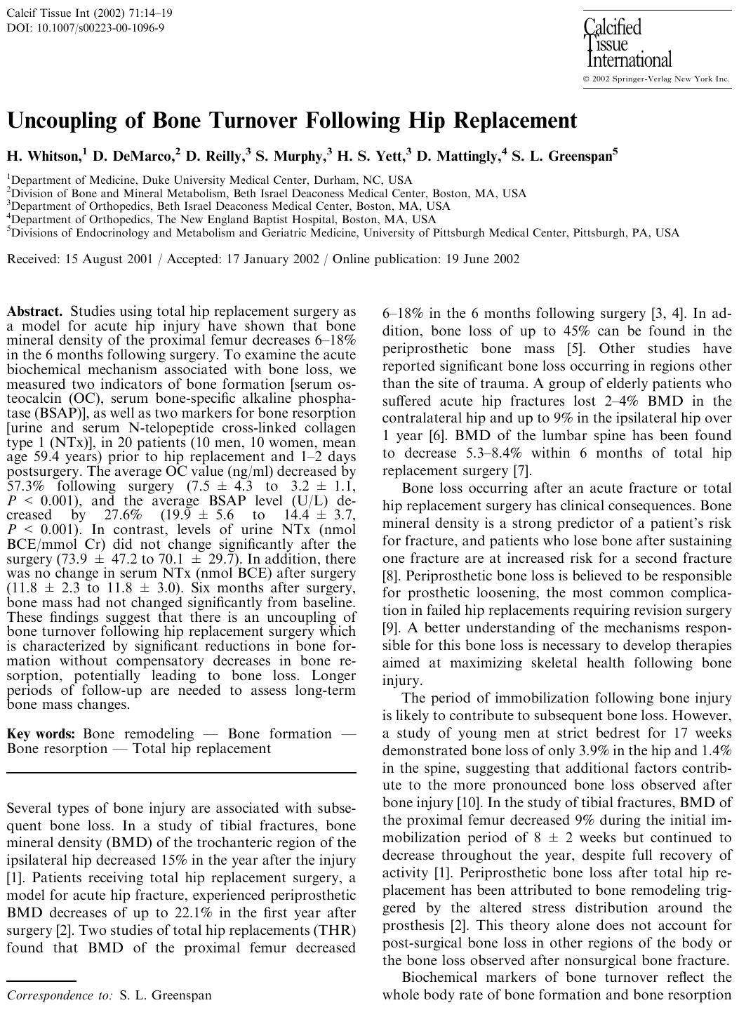 Uncoupling of Bone Turnover Following Hip Replacement by Whitson H. et al