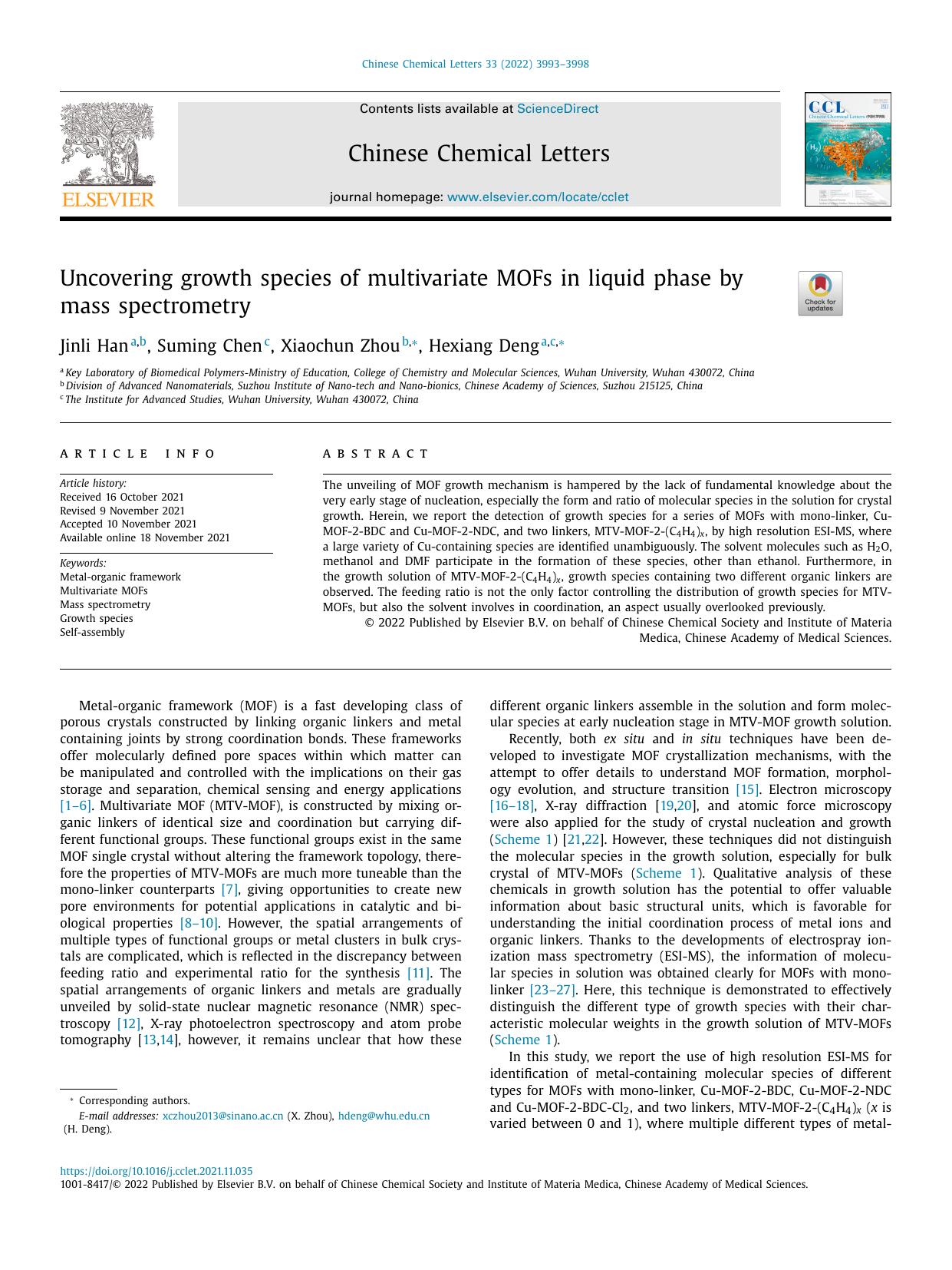 Uncovering growth species of multivariate MOFs in liquid phase by mass spectrometry by Jinli Han & Suming Chen & Xiaochun Zhou & Hexiang Deng