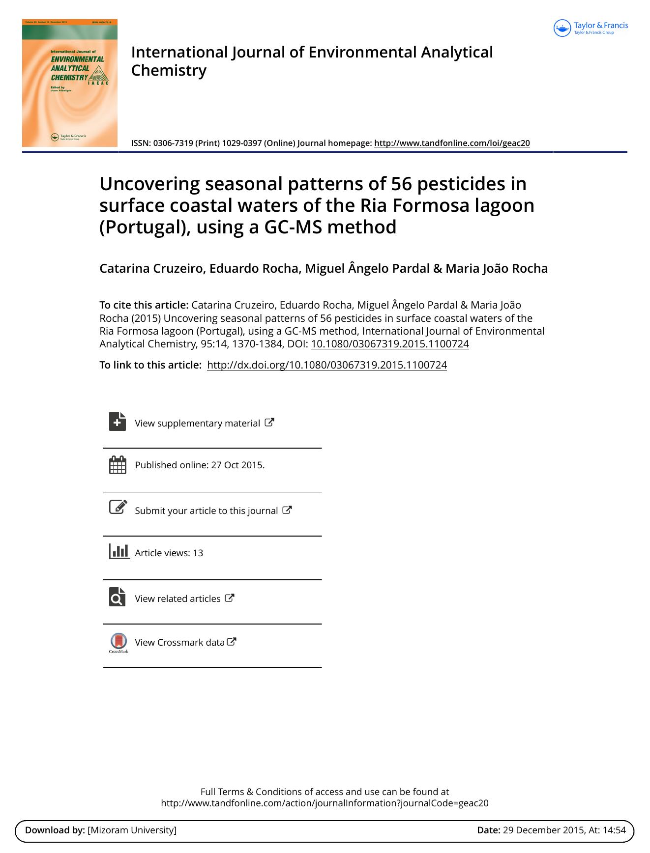 Uncovering seasonal patterns of 56 pesticides in surface coastal waters of the Ria Formosa lagoon (Portugal), using a GC-MS method by Catarina Cruzeiro