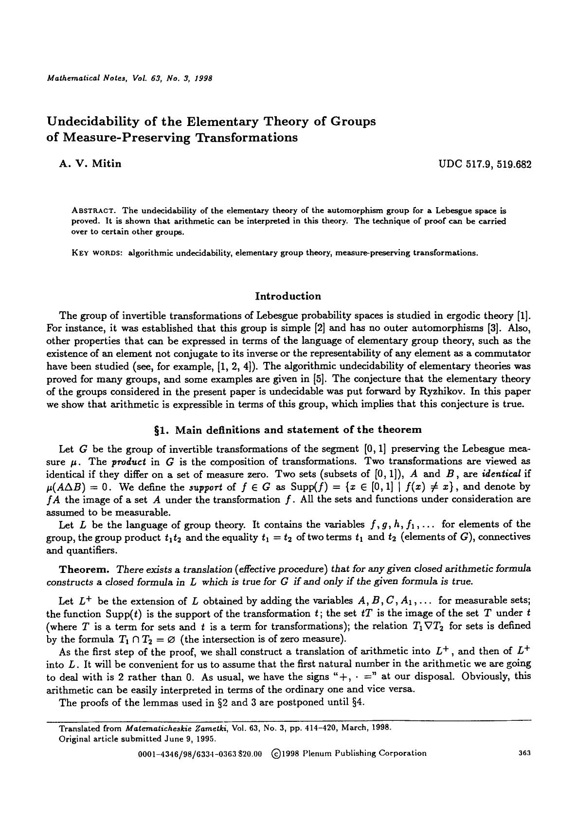Undecidability of the elementary theory of groups of measure-preserving transformations by Unknown