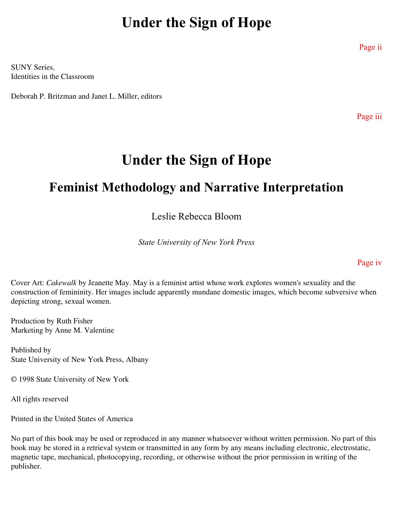 Under the Sign of Hope : Feminist Methodology and Narrative Interpretation by Leslie Rebecca Bloom