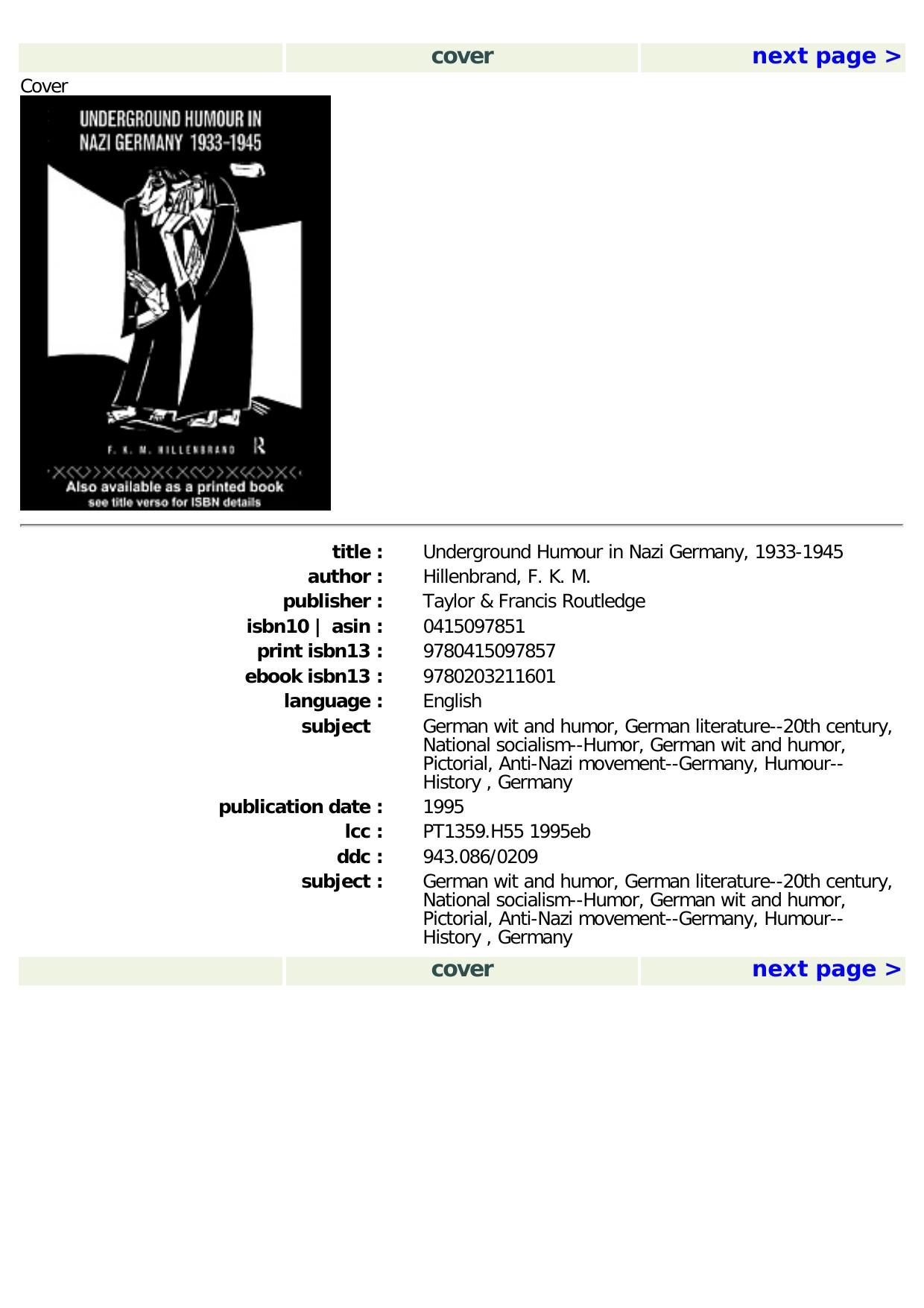 Underground Humour In Nazi Germany, 1933-1945 by Dr F K M Hillenbrand F. K. M. Hillenbrand