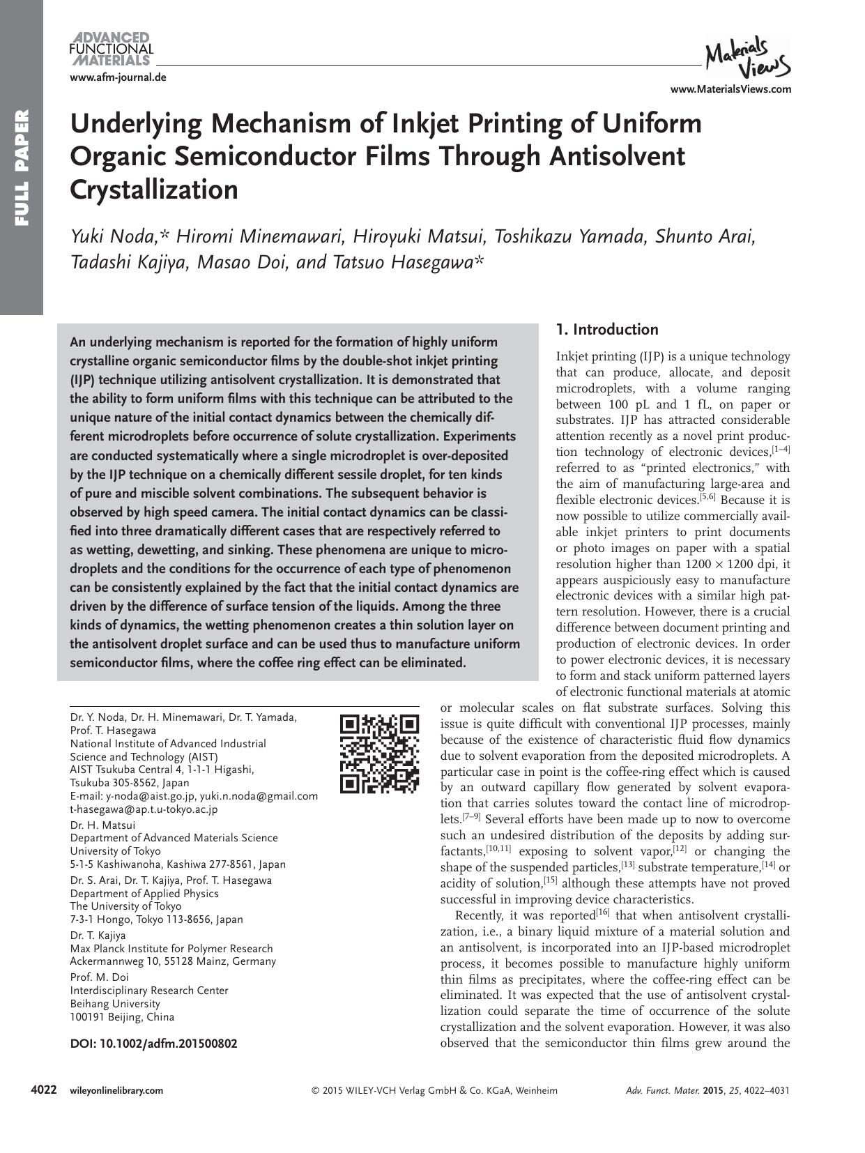 Underlying Mechanism of Inkjet Printing of Uniform Organic Semiconductor Films Through Antisolvent Crystallization by Unknown