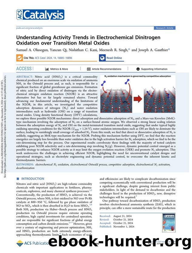Understanding Activity Trends in Electrochemical Dinitrogen Oxidation over Transition Metal Oxides by Samuel A. Olusegun Yancun Qi Nishithan C. Kani Meenesh R. Singh & Joseph A. Gauthier