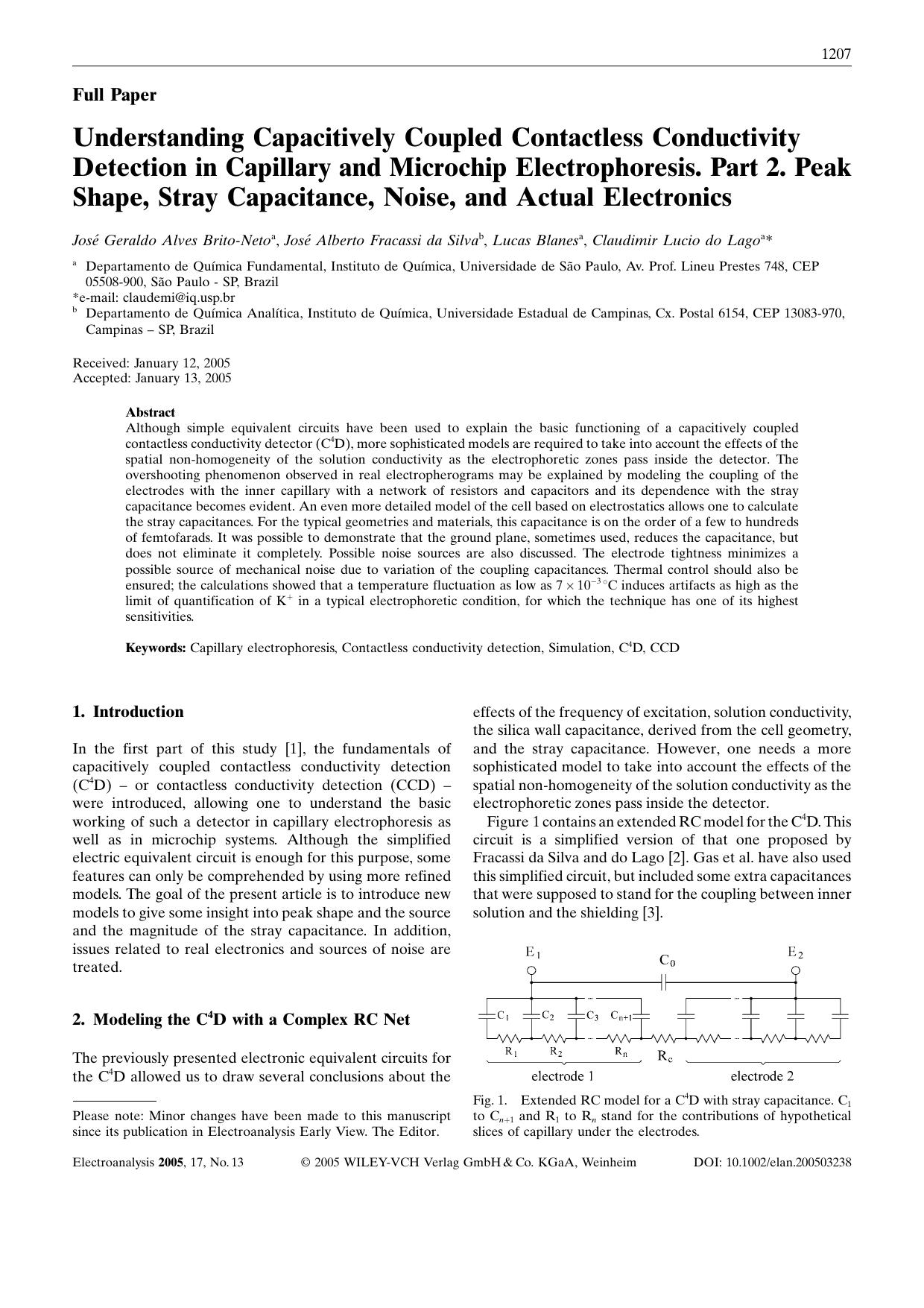 Understanding Capacitively Coupled Contactless Conductivity Detection in Capillary and Microchip Electrophoresis. Part 2. Peak Shape, Stray Capacitance, Noise, and Actual Electronics by Unknown