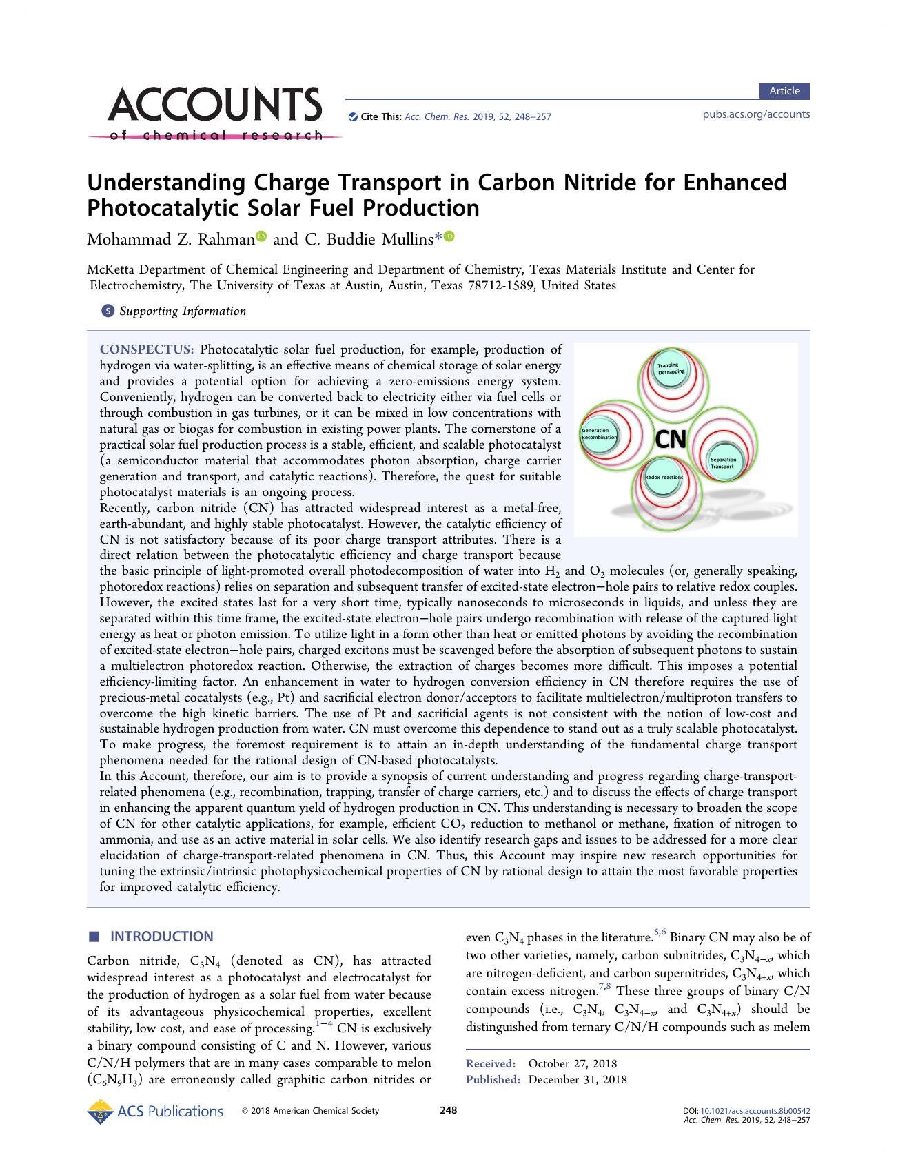 Understanding Charge Transport in Carbon Nitride for Enhanced Photocatalytic Solar Fuel Production by Mohammad Z. Rahman; C. Buddie Mullins & C. Buddie Mullins