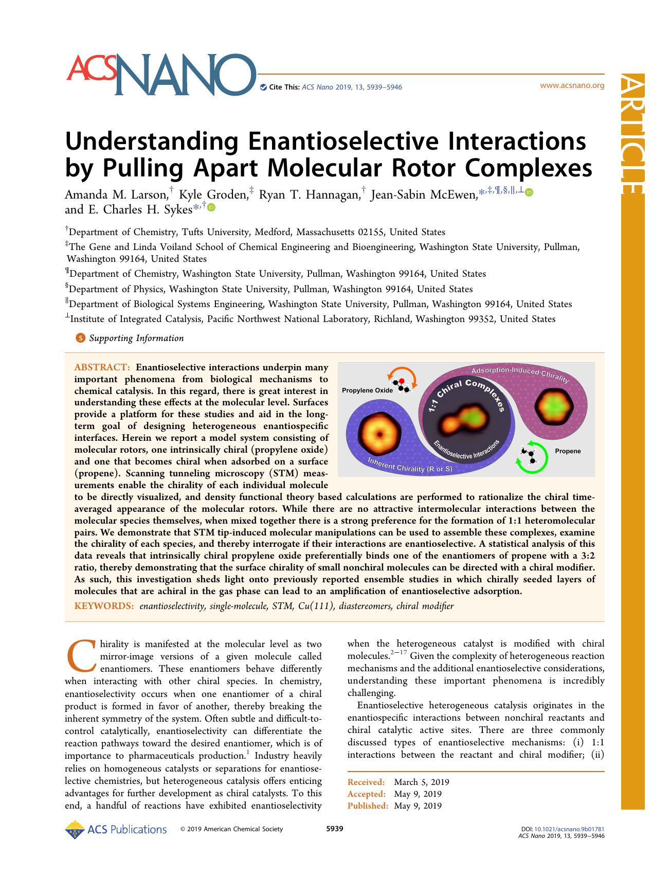 Understanding Enantioselective Interactions by Pulling Apart Molecular Rotor Complexes by Amanda M. Larson Kyle Groden Ryan T. Hannagan Jean-Sabin McEwen and E. Charles H. Sykes