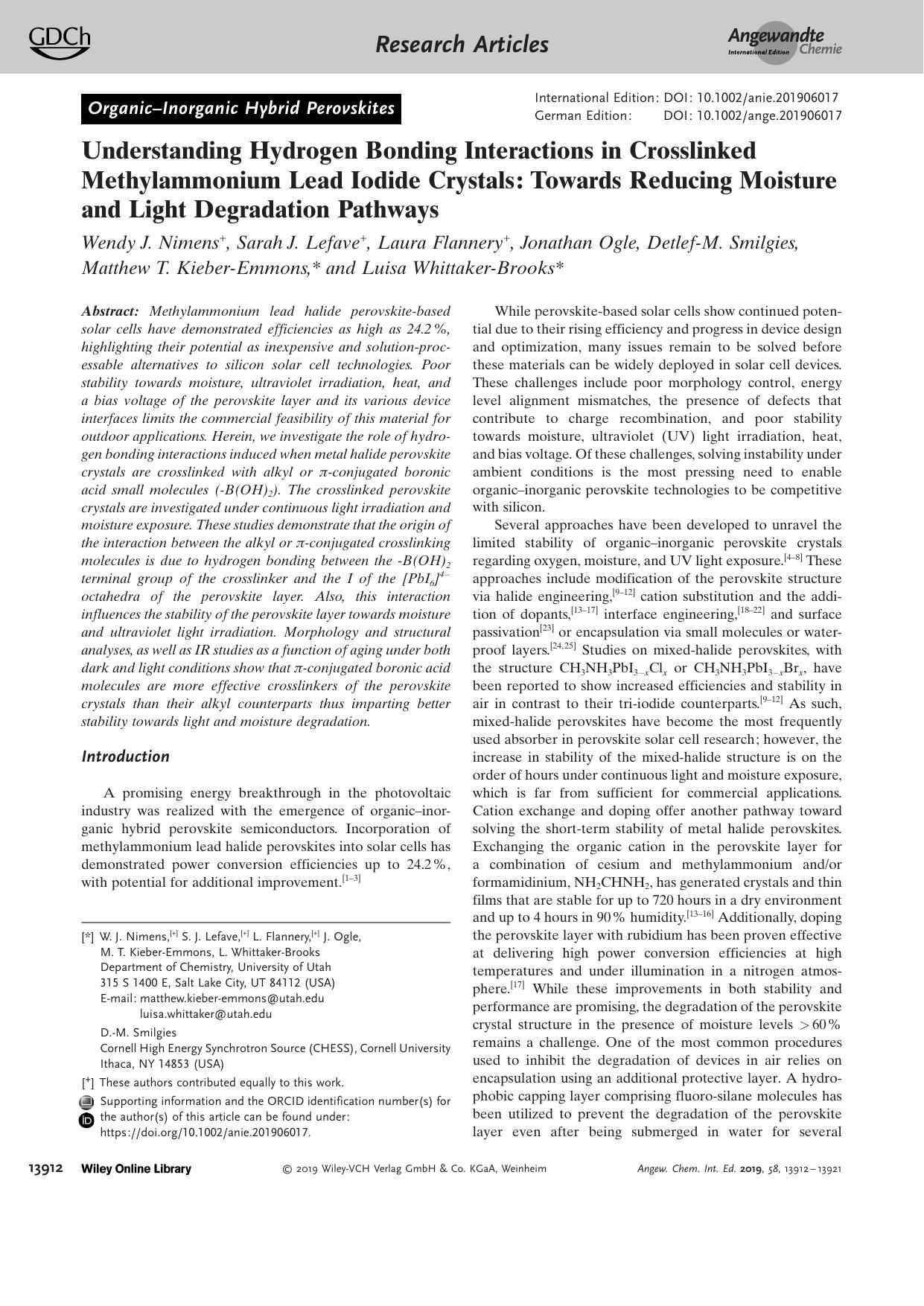 Understanding Hydrogen Bonding Interactions in Crosslinked Methylammonium Lead Iodide Crystals: Towards Reducing Moisture and Light Degradation Pathways by Unknown