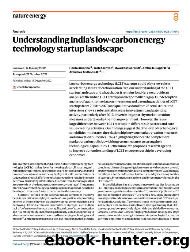 Understanding Indiaâs low-carbon energy technology startup landscape by Harilal Krishna & Yash Kashyap & Dwarkeshwar Dutt & Ambuj D. Sagar & Abhishek Malhotra