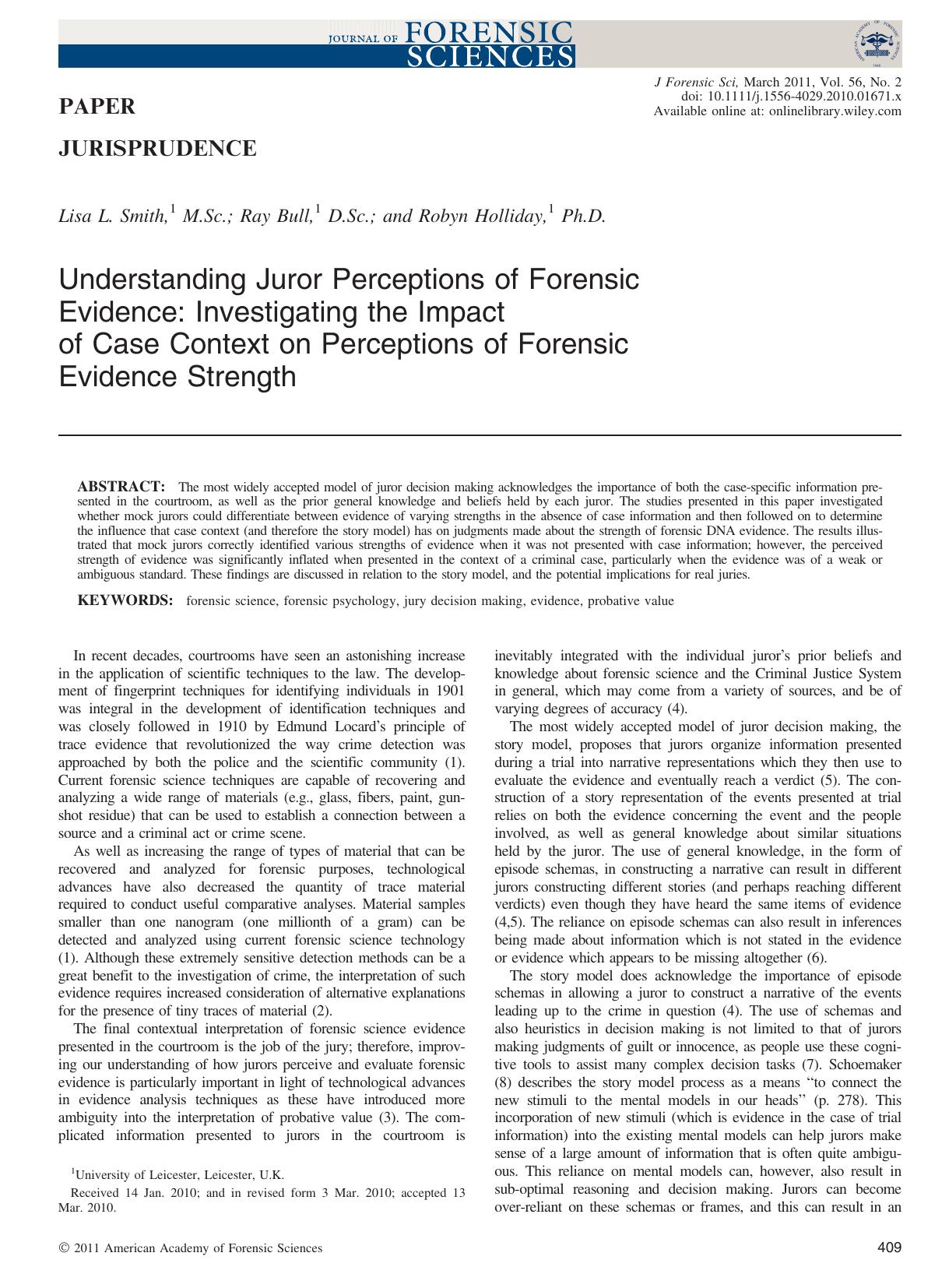 Understanding Juror Perceptions of Forensic Evidence: Investigating the Impact of Case Context on Perceptions of Forensic Evidence Strength by Unknown