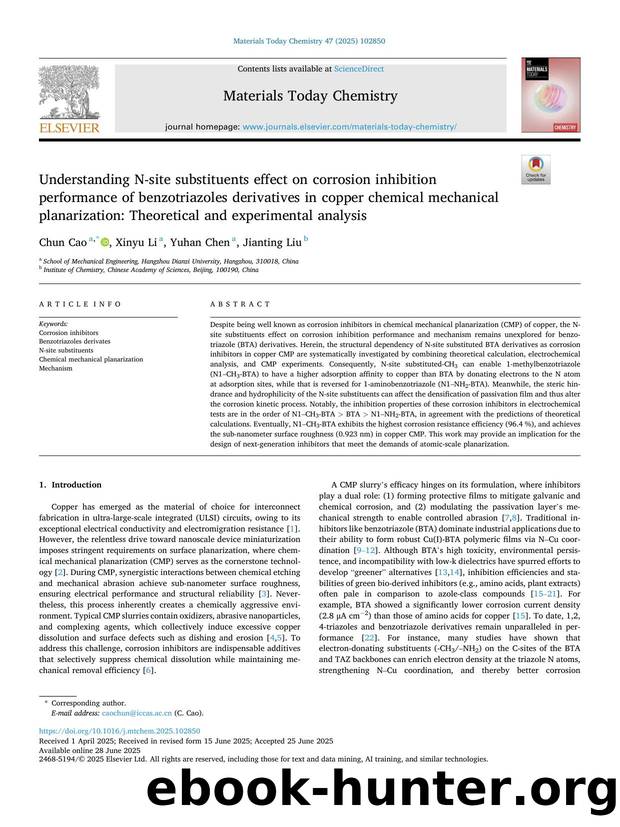 Understanding N-site substituents effect on corrosion inhibition performance of benzotriazoles derivatives in copper chemical mechanical planarization: Theoretical and experimental analysis by Chun Cao & Xinyu Li & Yuhan Chen & Jianting Liu
