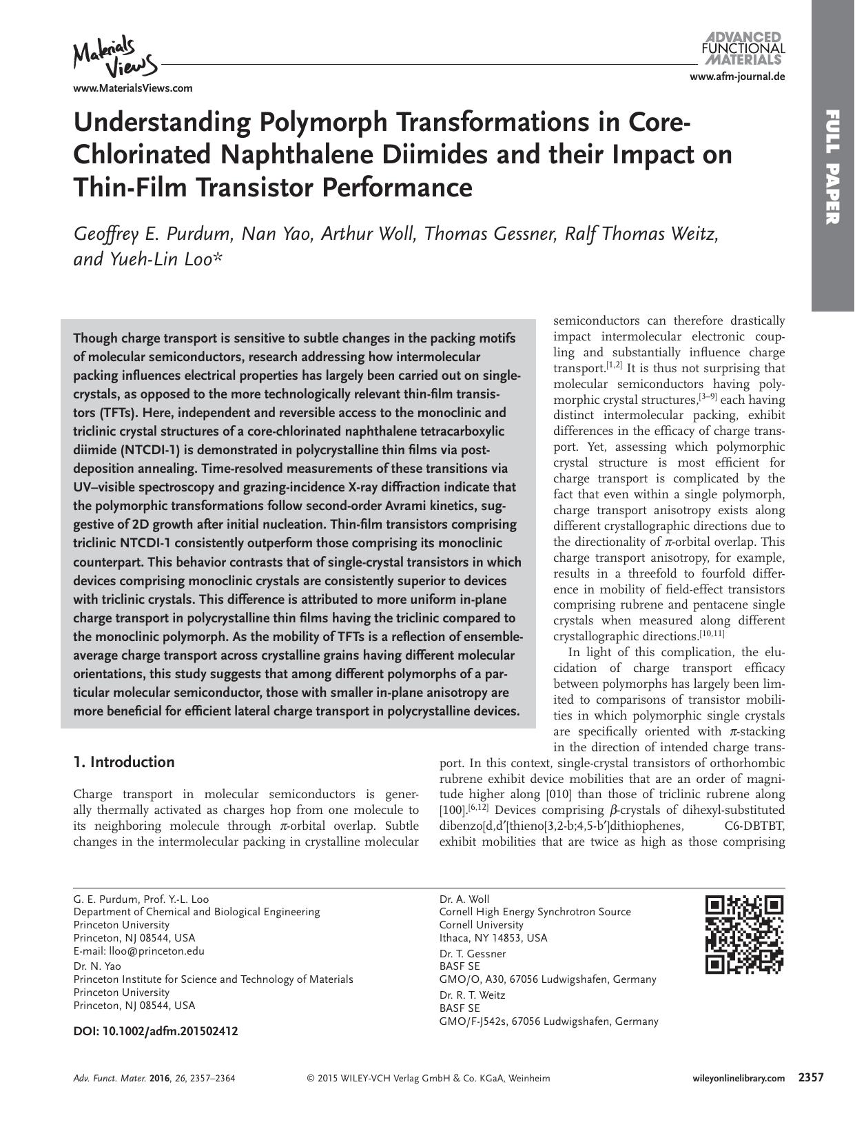 Understanding Polymorph Transformations in Core‐Chlorinated Naphthalene Diimides and their Impact on Thin‐Film Transistor Performance by Unknown