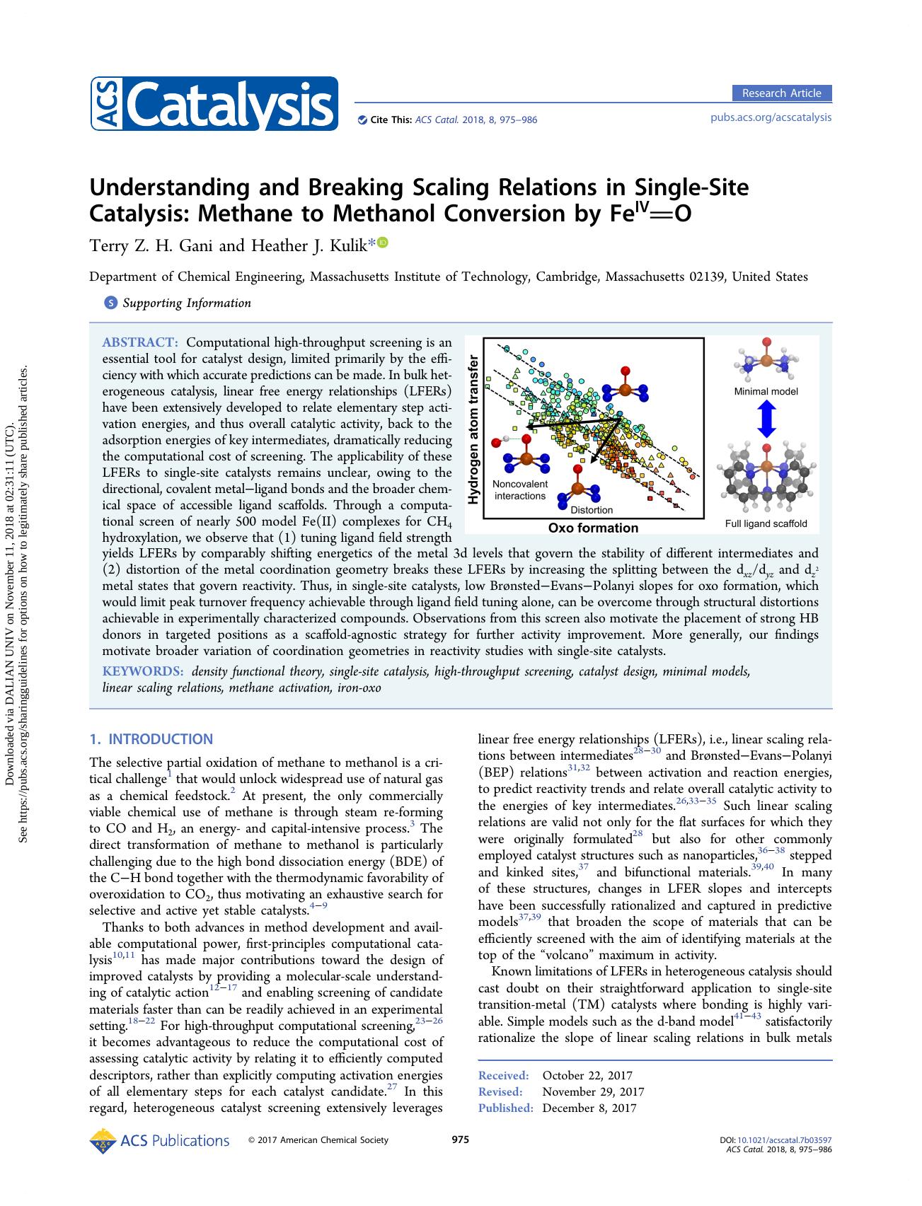 Understanding and Breaking Scaling Relations in Single-Site Catalysis: Methane to Methanol Conversion by FeIVâO by Terry Z. H. Gani & Heather J. Kulik