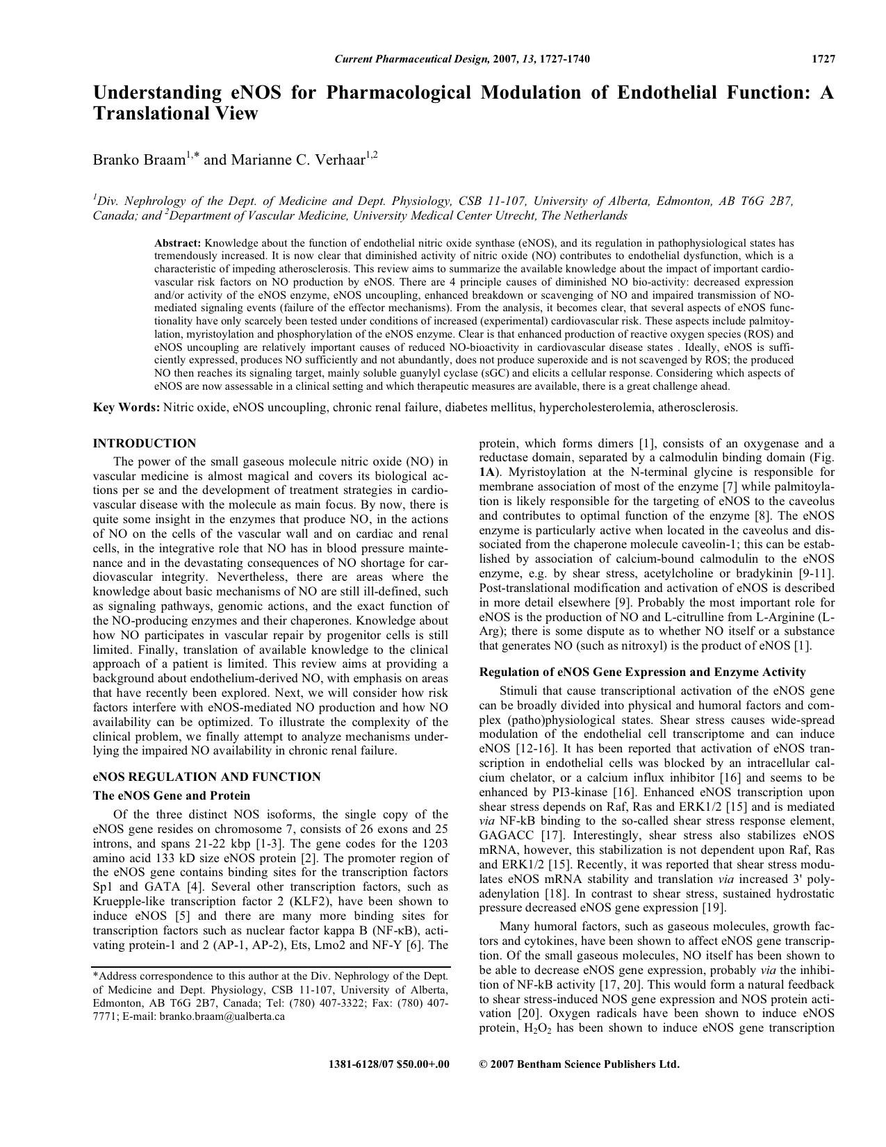 Understanding eNOS for Pharmacological Modulation of Endothelial Function: A Translational View by Branko Braam ; Marianne C. Verhaar