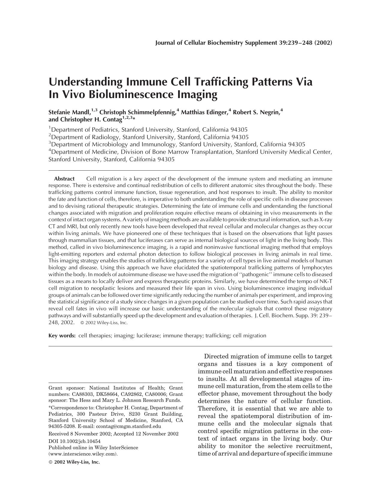 Understanding immune cell trafficking patterns via in vivo bioluminescence imaging by Unknown