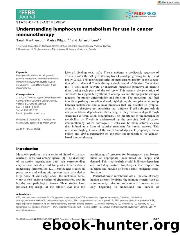 Understanding lymphocyte metabolism for use in cancer immunotherapy by Unknown