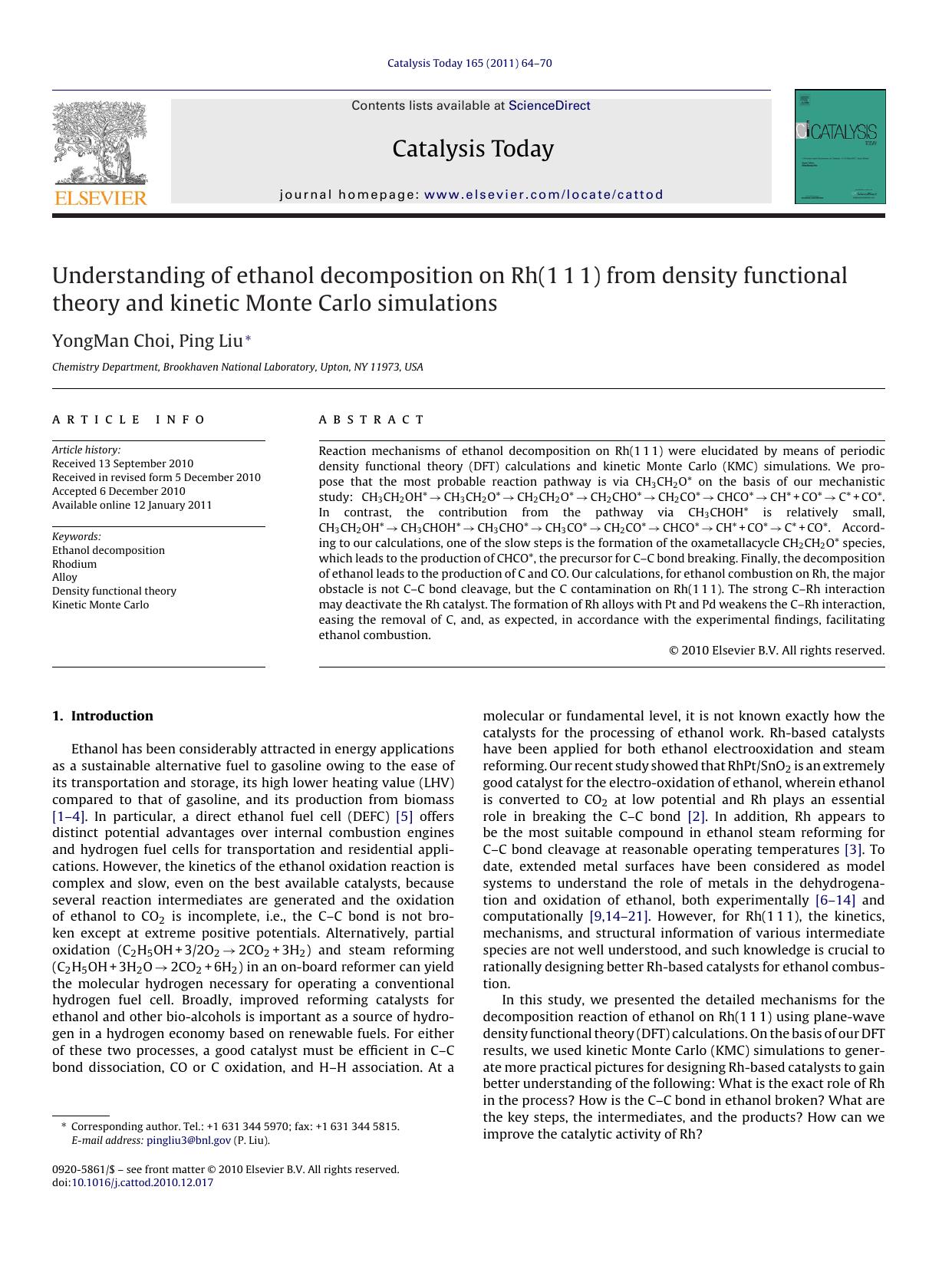 Understanding of ethanol decomposition on Rh(111) from density functional theory and kinetic Monte Carlo simulations by YongMan Choi
