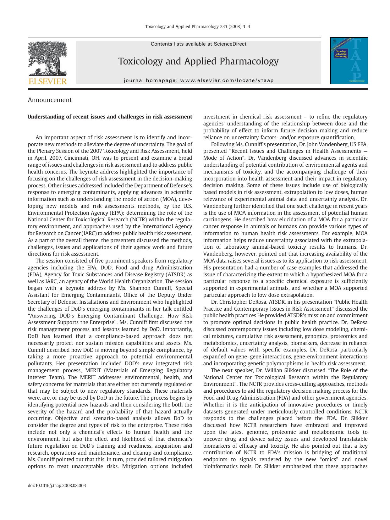 Understanding of recent issues and challenges in risk assessment by Nagalakshmi Keshava; Laurie Roszell