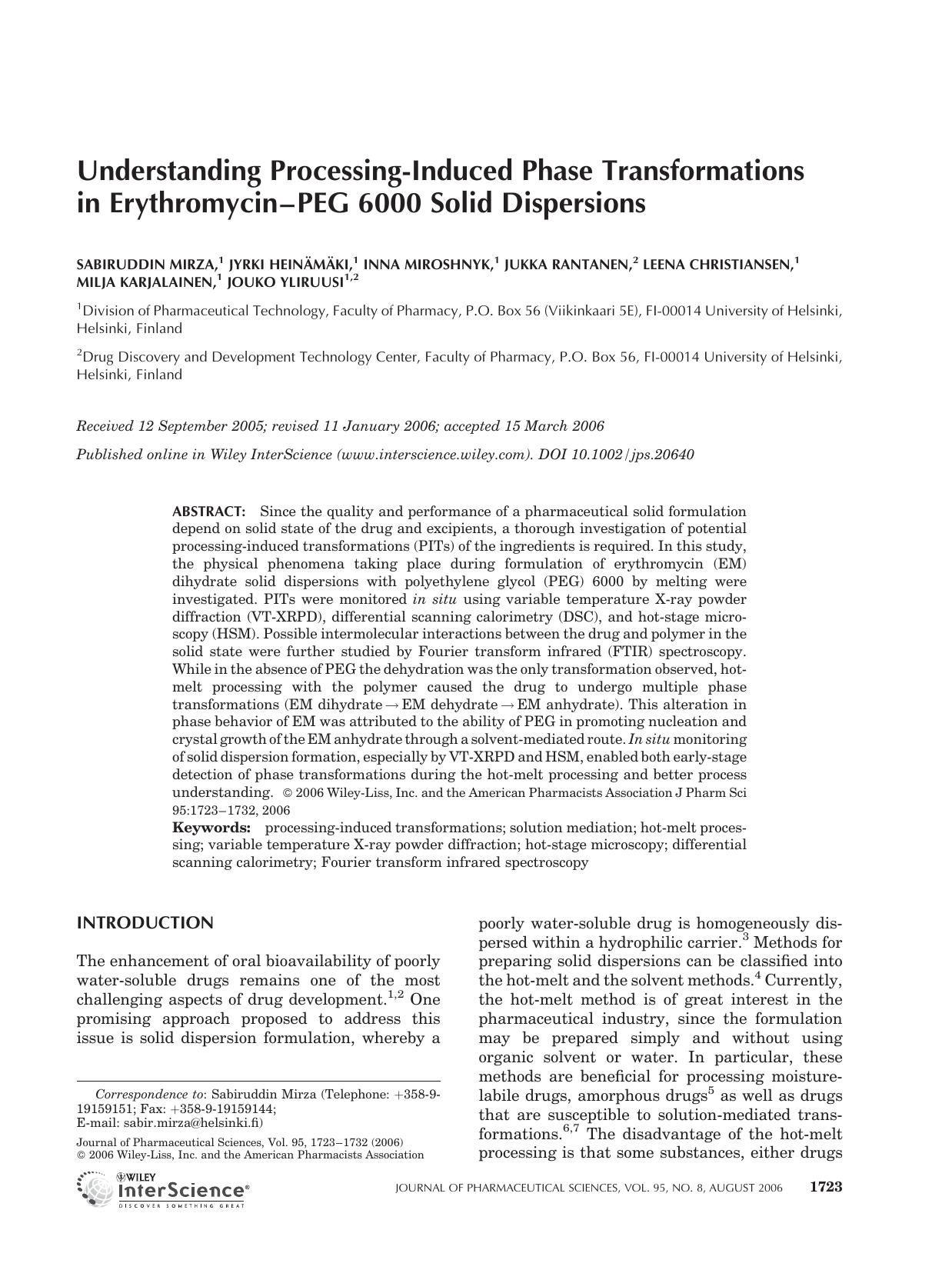 Understanding processing-induced phase transformations in erythromycin-PEG 6000 solid dispersions by Unknown