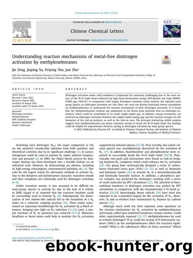 Understanding reaction mechanisms of metal-free dinitrogen activation by methyleneboranes by Jie Zeng & Jiaying Su & Feiying You & Jun Zhu