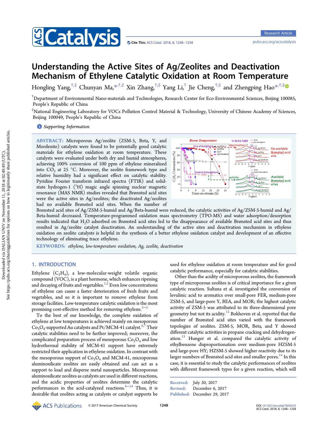 Understanding the Active Sites of AgZeolites and Deactivation Mechanism of Ethylene Catalytic Oxidation at Room Temperature by Hongling Yang Chunyan Ma Xin Zhang Yang Li Jie Cheng & Zhengping Hao