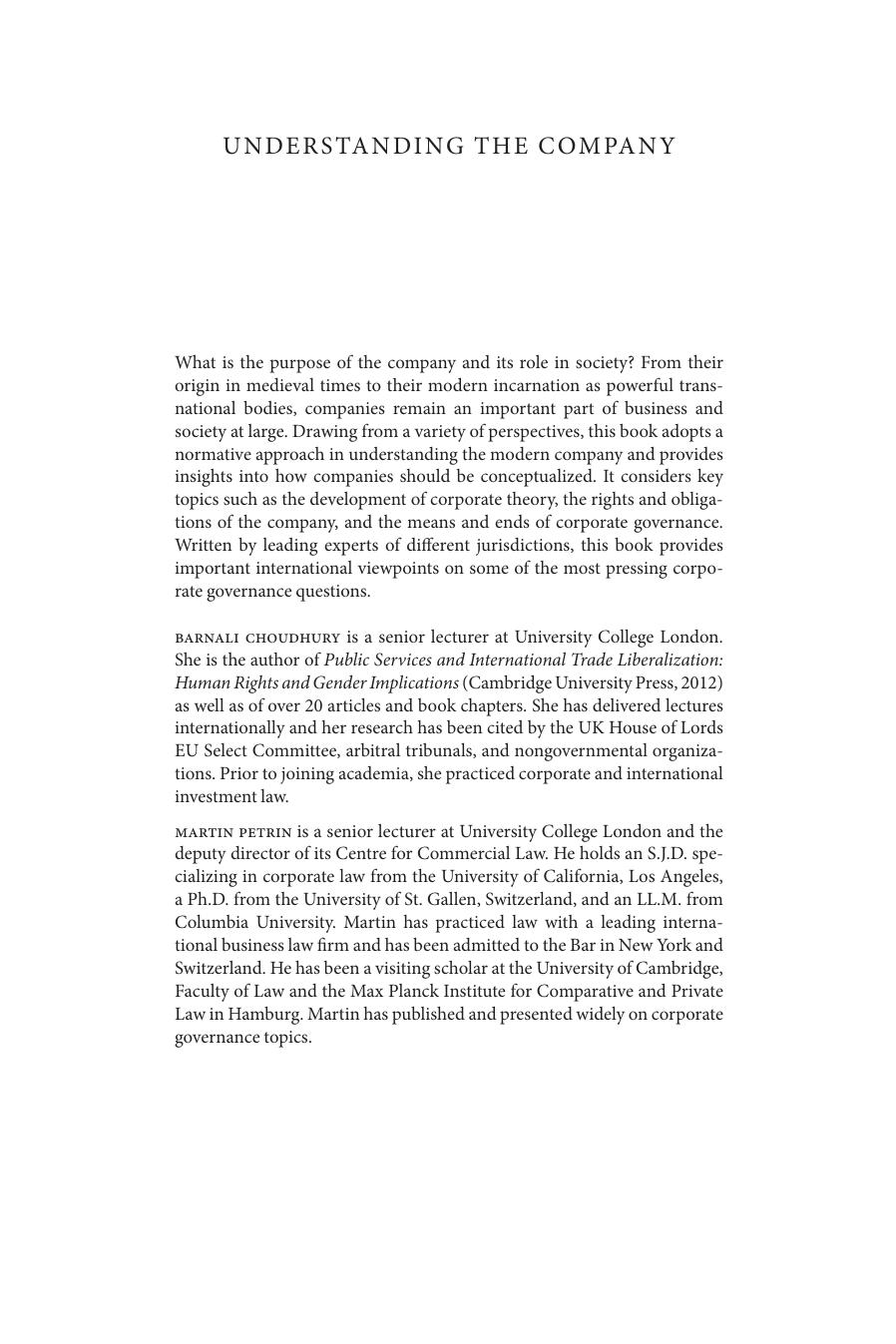 Understanding the Company: Corporate Governance and Theory by Barnali Choudhury Martin Petrin