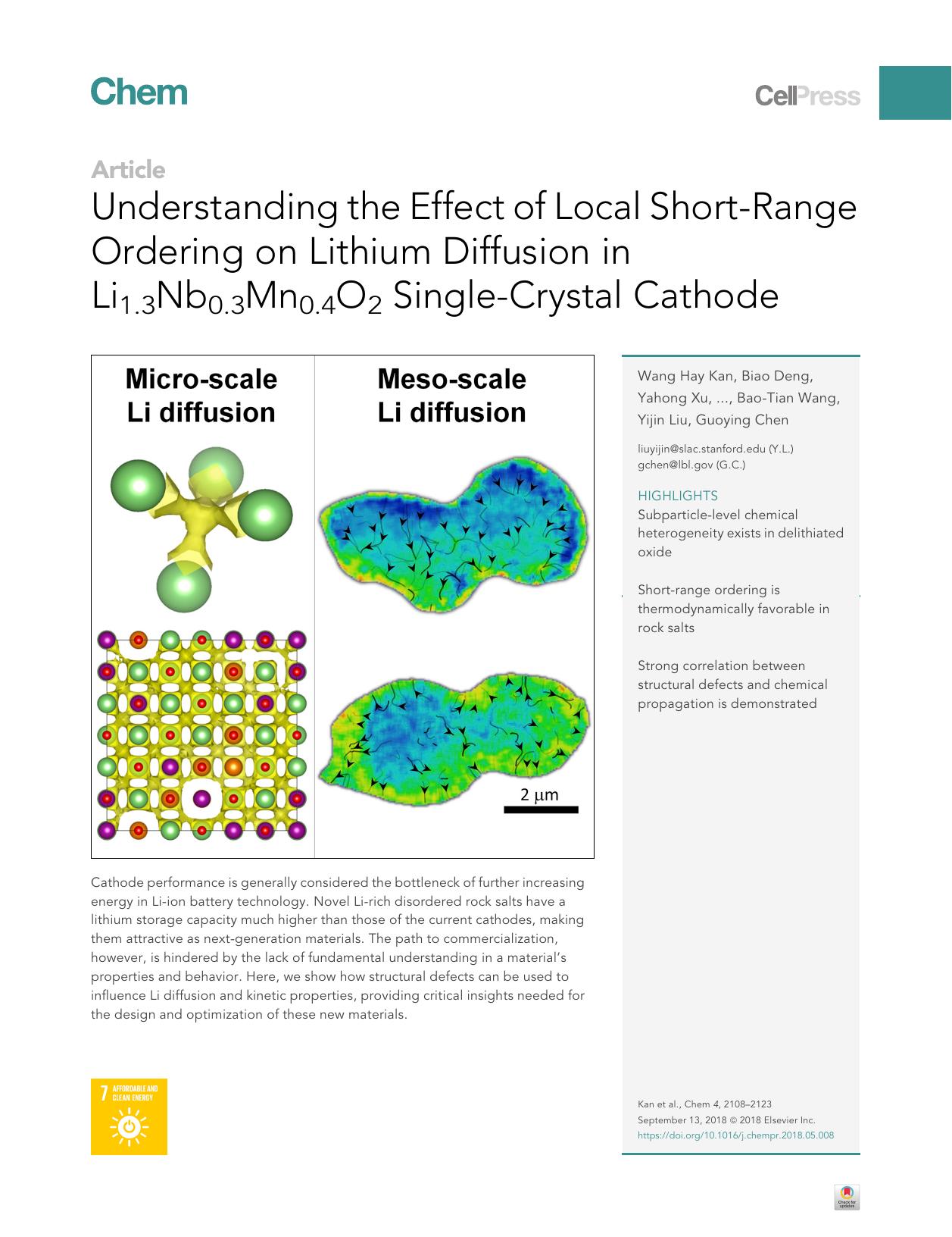 Understanding the Effect of Local Short-Range Ordering on Lithium Diffusion in Li1.3Nb0.3Mn0.4O2 Single-Crystal Cathode by unknow