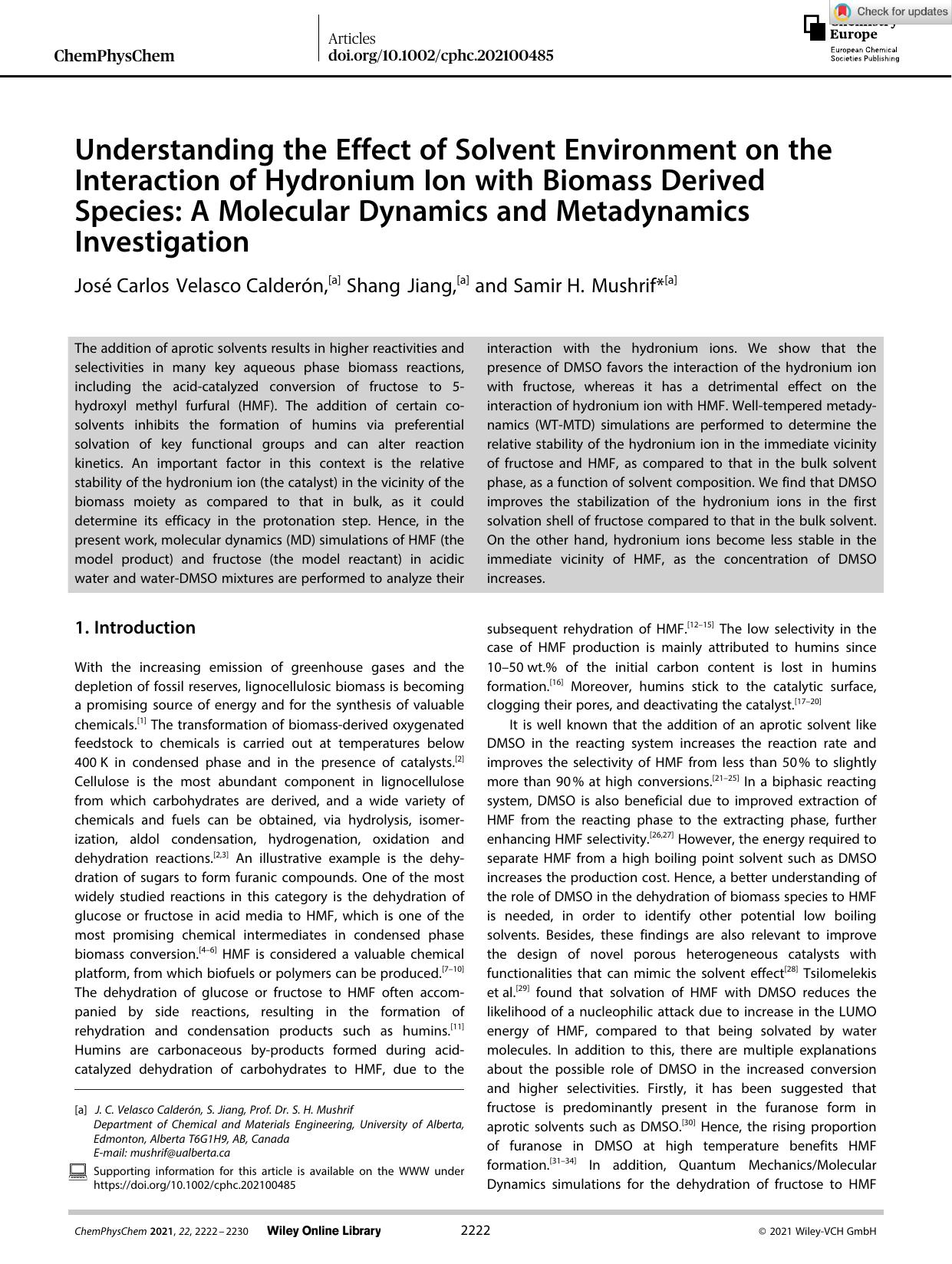 Understanding the Effect of Solvent Environment on the Interaction of Hydronium Ion with Biomass Derived Species: A Molecular Dynamics and Metadynamics Investigation by Unknown