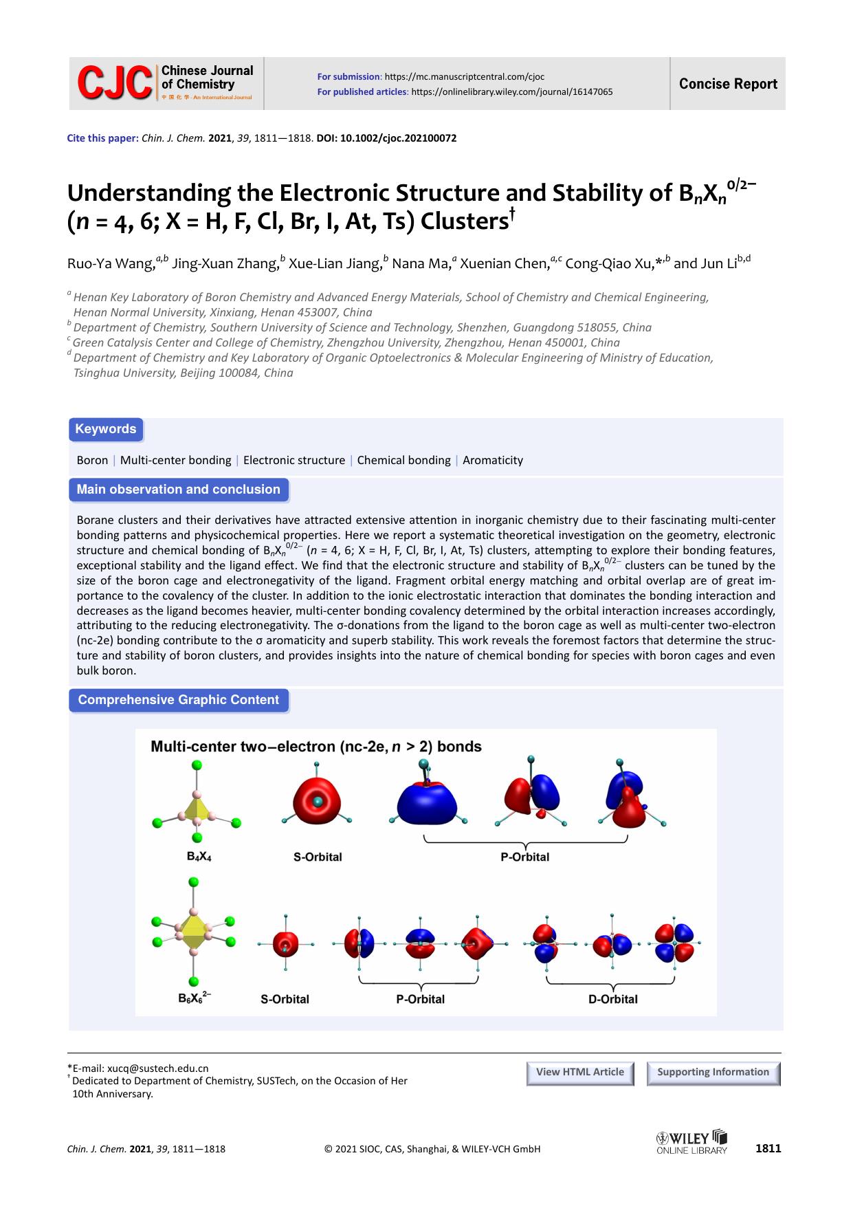 Understanding the Electronic Structure and Stability of BnXn02- (n = 4, 6; X = H, F, Cl, Br, I, At, Ts) Clusters by Cong-Qiao