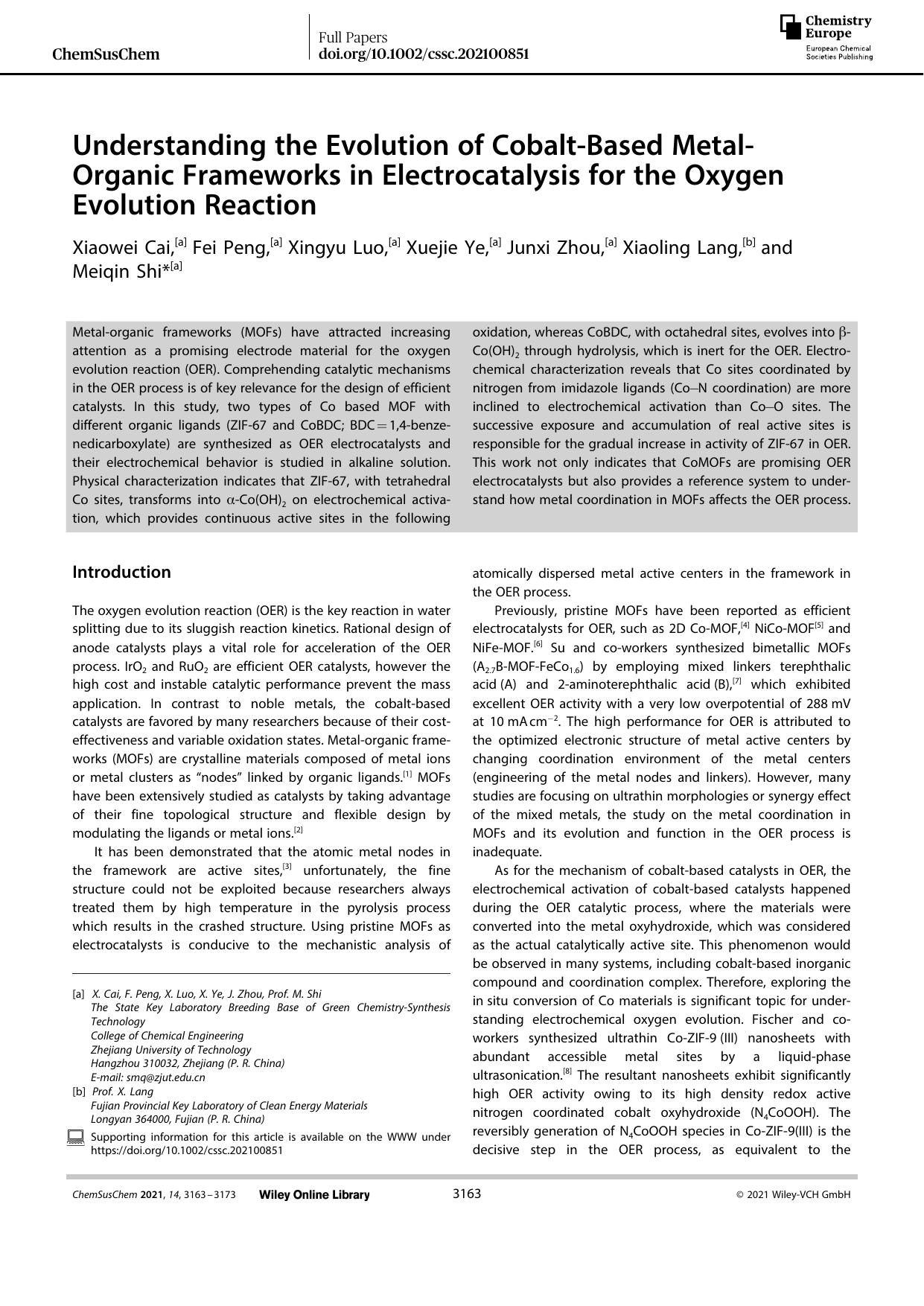 Understanding the Evolution of CobaltâBased MetalâOrganic Frameworks in Electrocatalysis for the Oxygen Evolution Reaction by Unknown