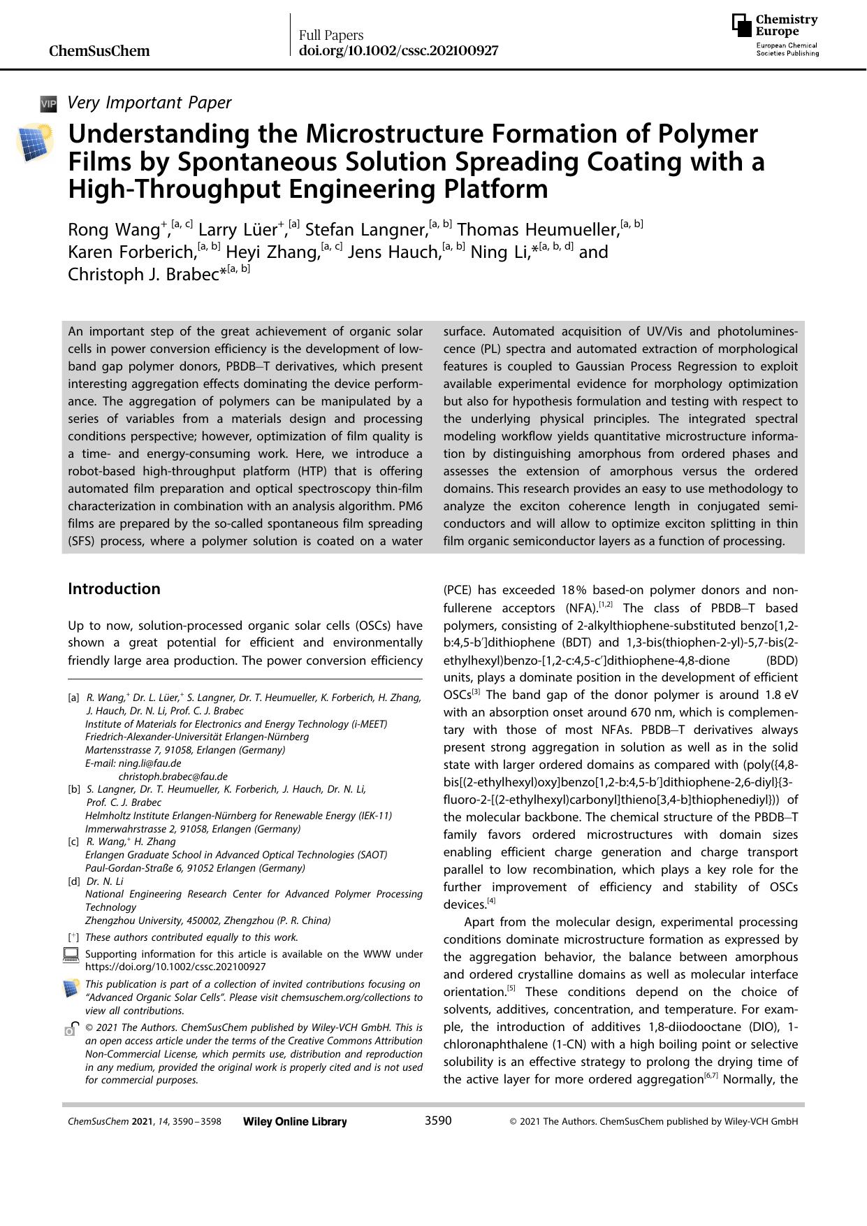 Understanding the Microstructure Formation of Polymer Films by Spontaneous Solution Spreading Coating with a HighâThroughput Engineering Platform by Unknown