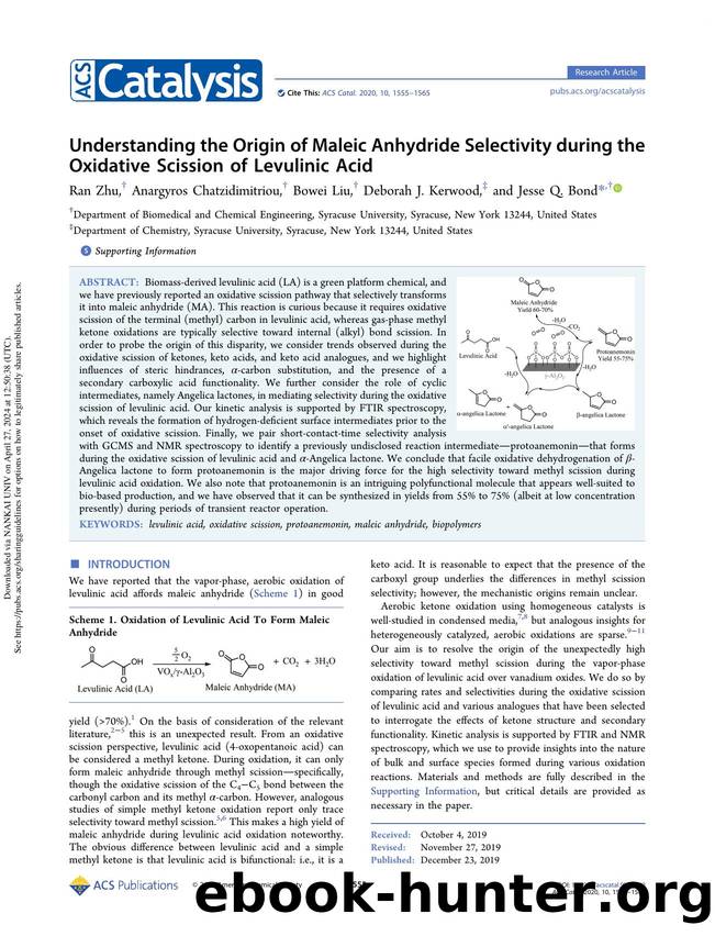 Understanding the Origin of Maleic Anhydride Selectivity during the Oxidative Scission of Levulinic Acid by Ran Zhu Anargyros Chatzidimitriou Bowei Liu Deborah J. Kerwood & Jesse Q. Bond