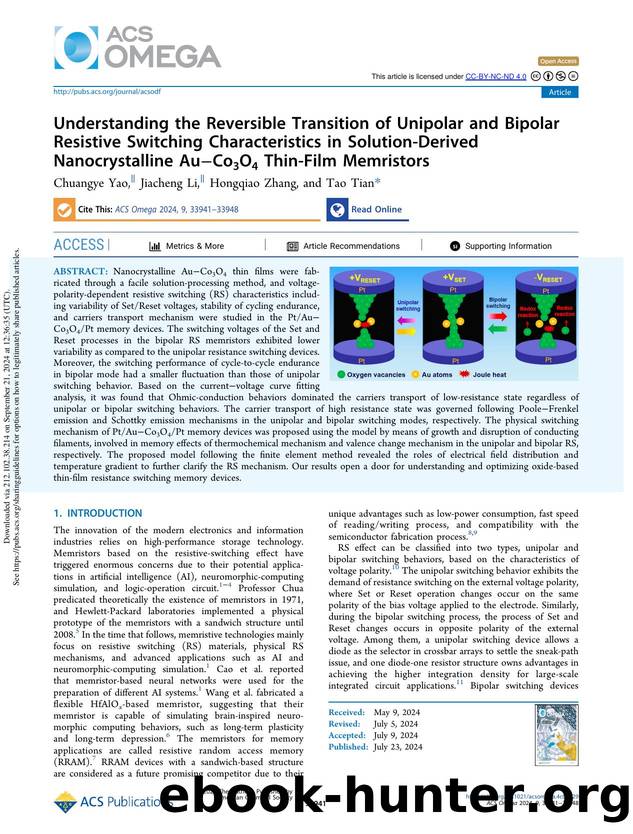 Understanding the Reversible Transition of Unipolar and Bipolar Resistive Switching Characteristics in Solution-Derived Nanocrystalline AuâCo3O4 Thin-Film Memristors by Chuangye Yao Jiacheng Li Hongqiao Zhang & Tao Tian
