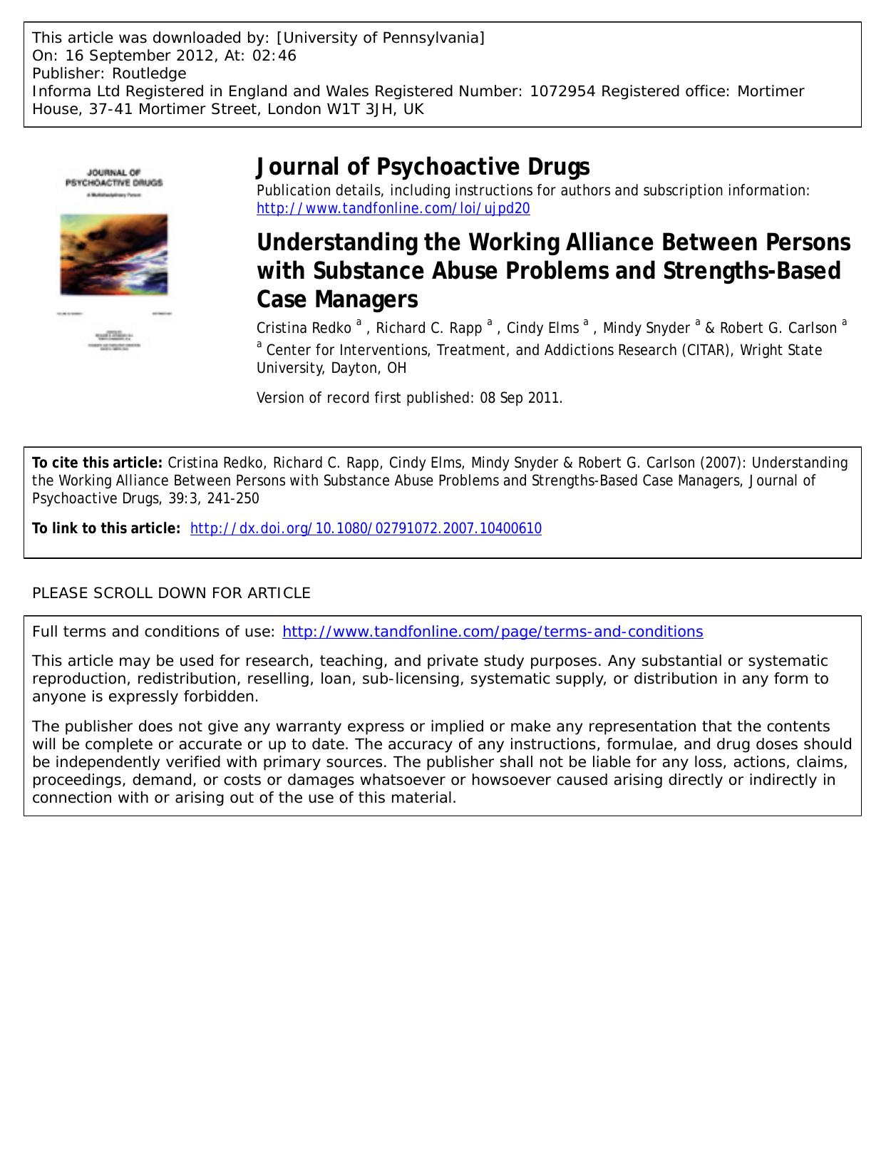 Understanding the Working Alliance Between Persons with Substance Abuse Problems and Strengths-Based Case Managers by unknow